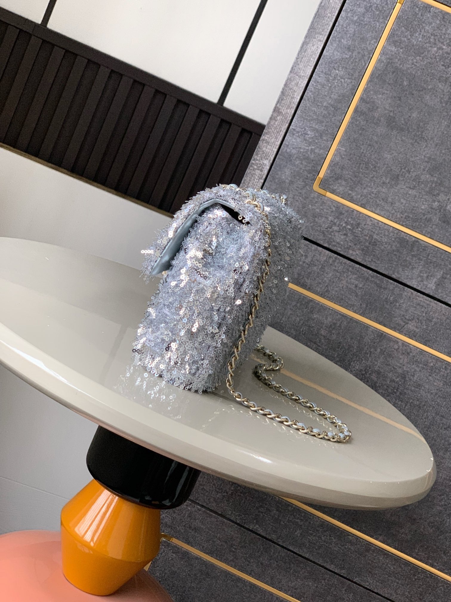 CC 25S Flap Bag 20cm Grey Fringed Sequin Calfskin