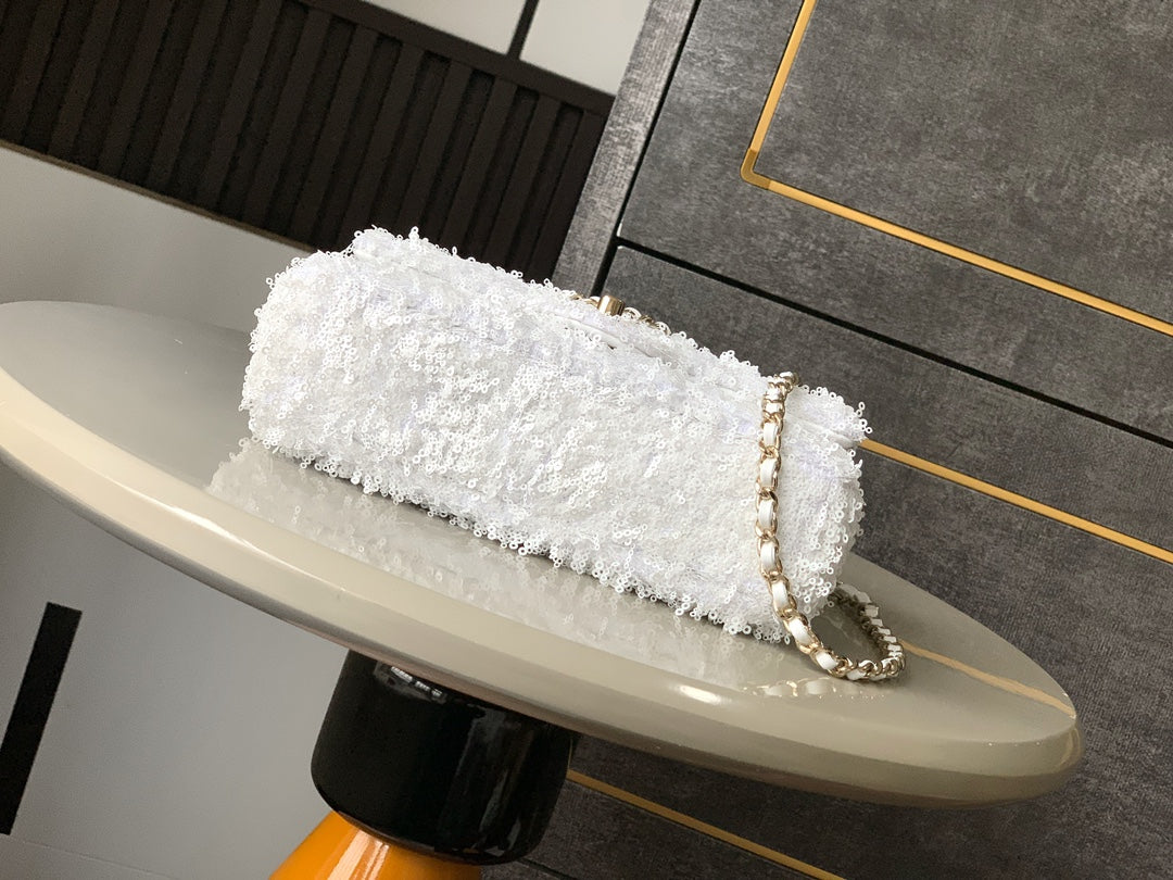 CC 25S Flap Bag 20cm White Fringed Sequin Calfskin