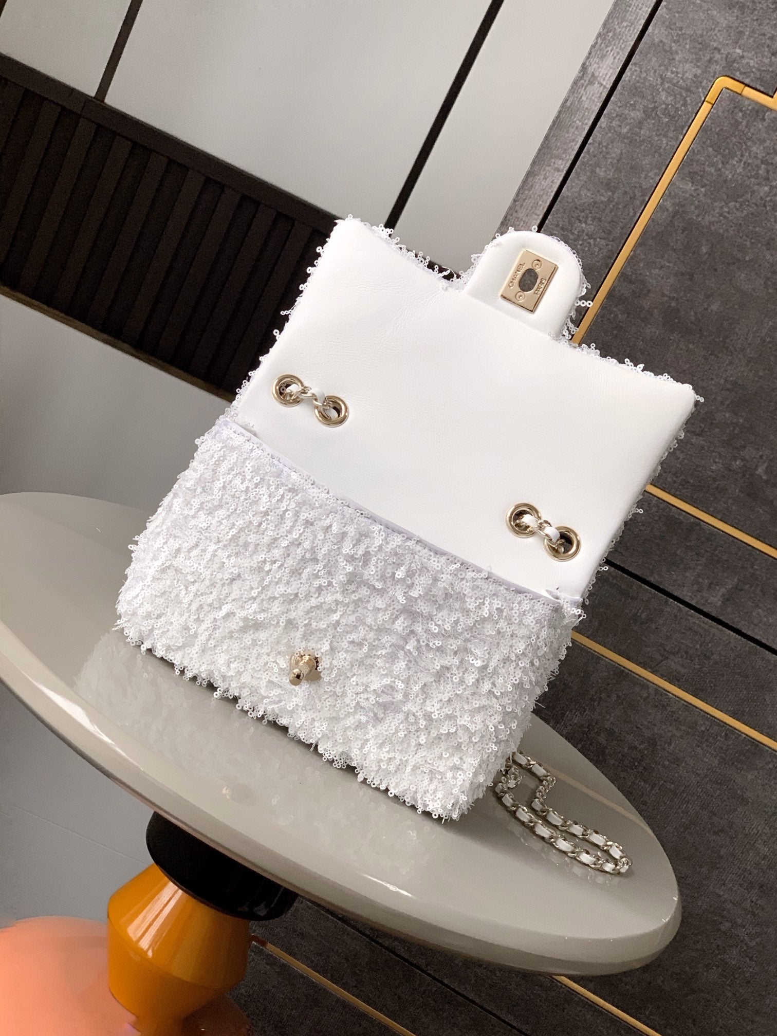 CC 25S Flap Bag 20cm White Fringed Sequin Calfskin