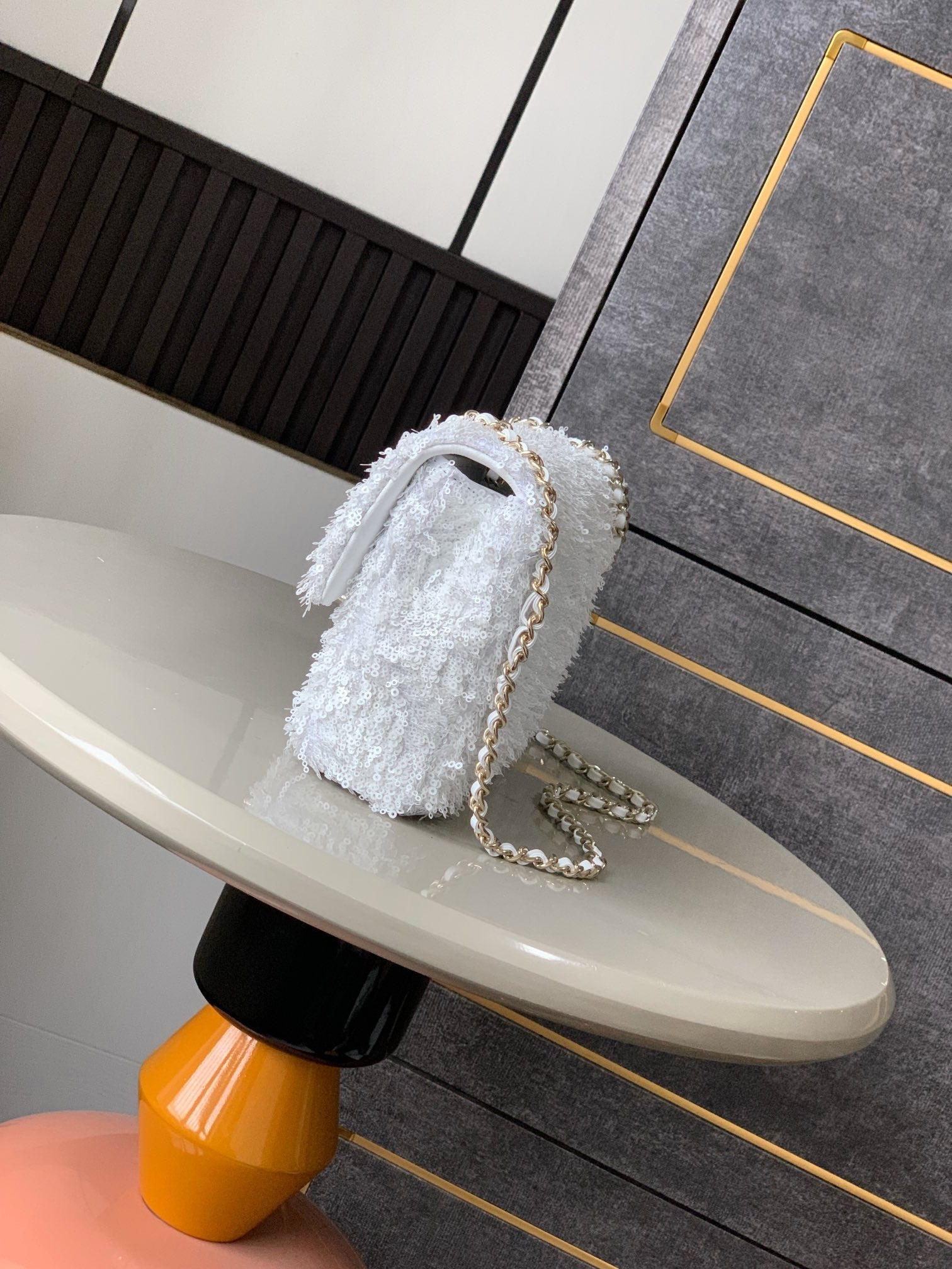 CC 25S Flap Bag 20cm White Fringed Sequin Calfskin