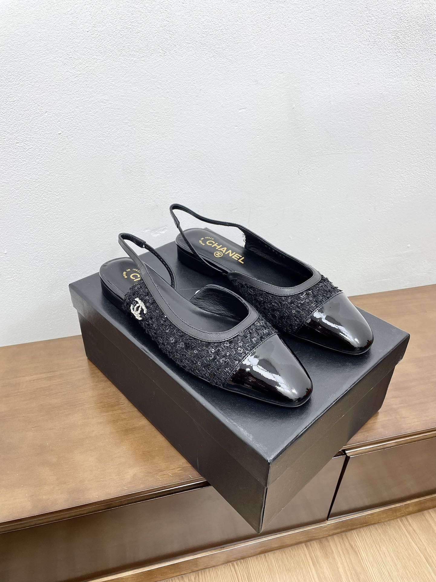 CC Slingback Black Tweed Fabric And Calfskin