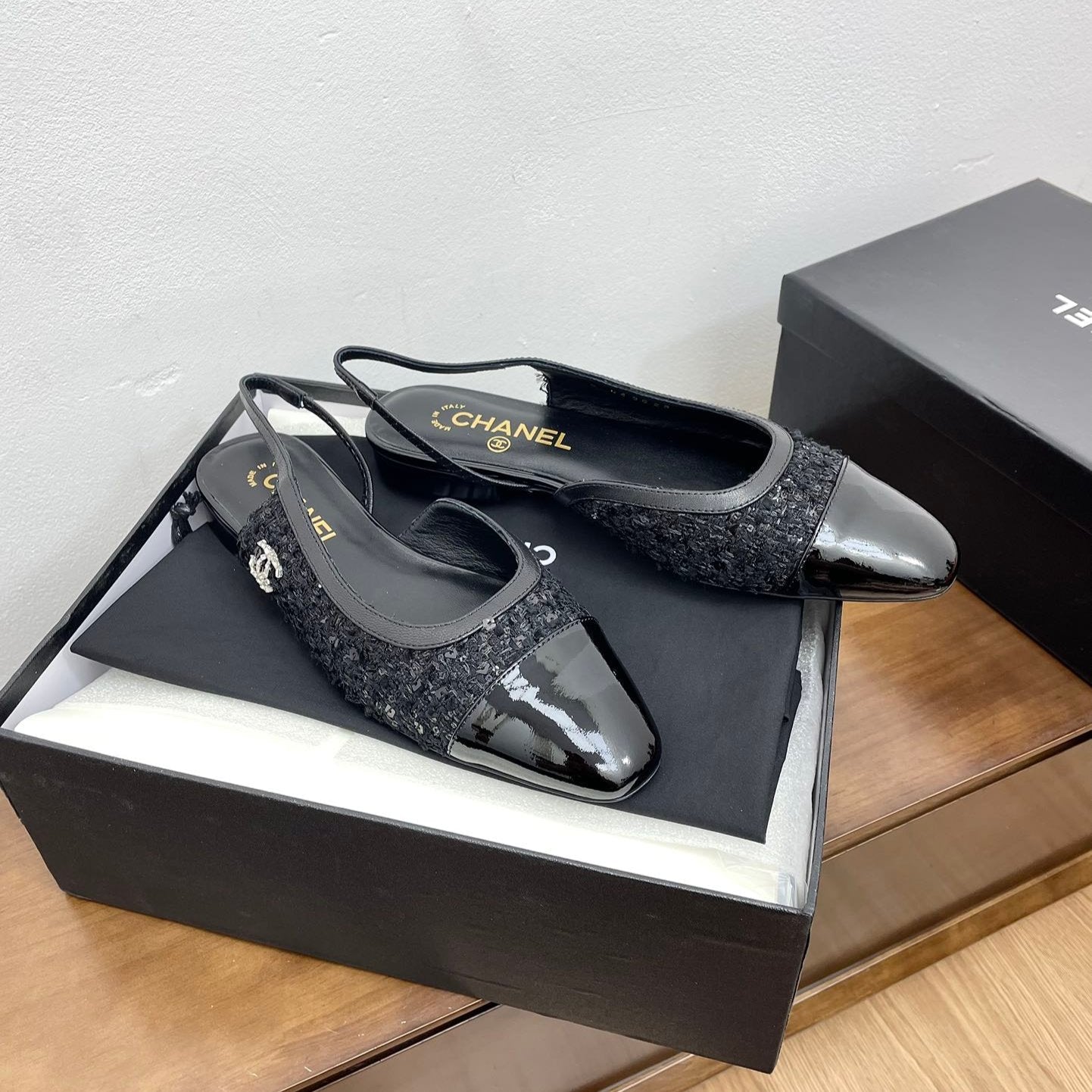 CC Slingback Black Tweed Fabric And Calfskin
