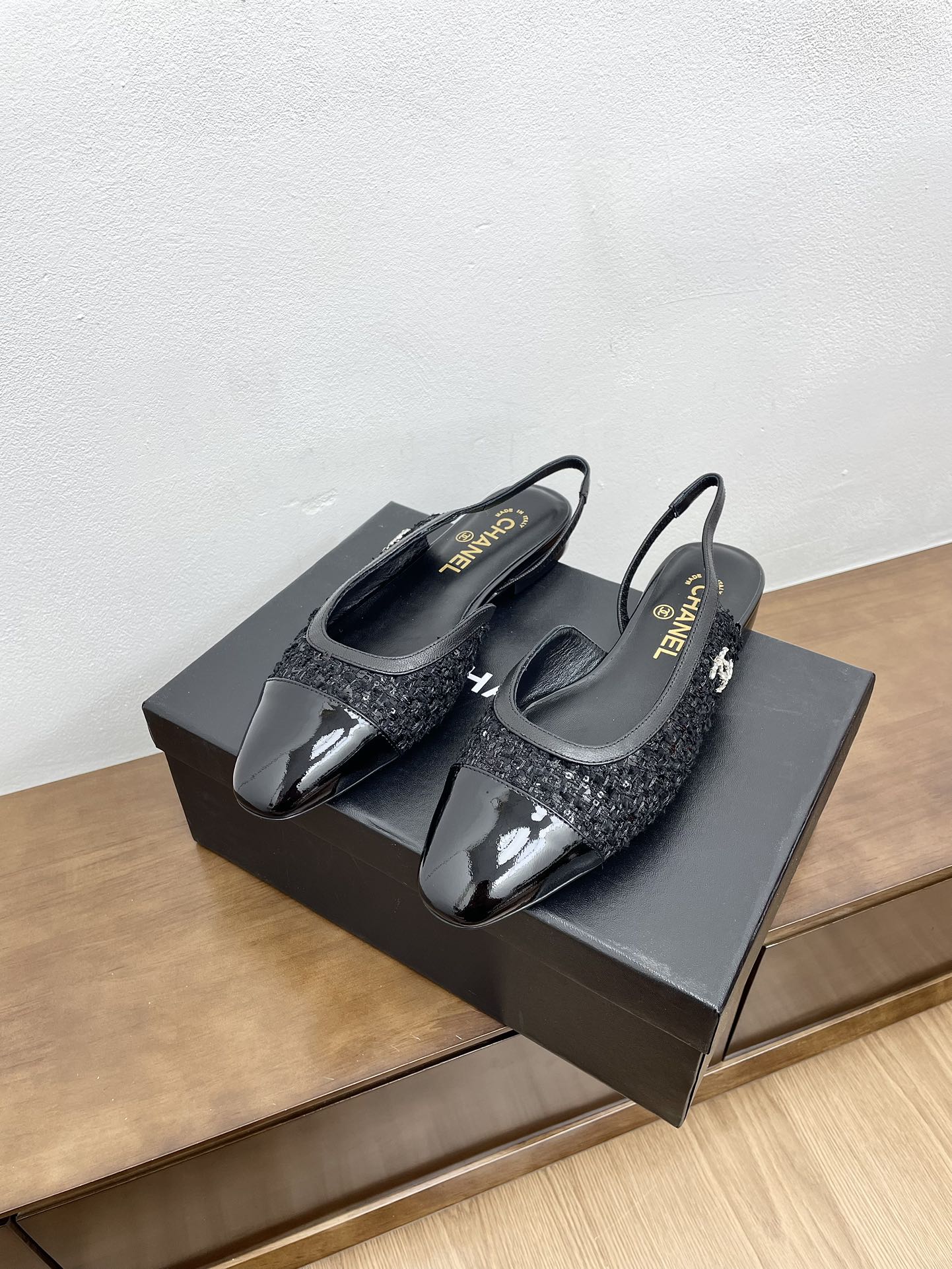 CC Slingback Black Tweed Fabric And Calfskin