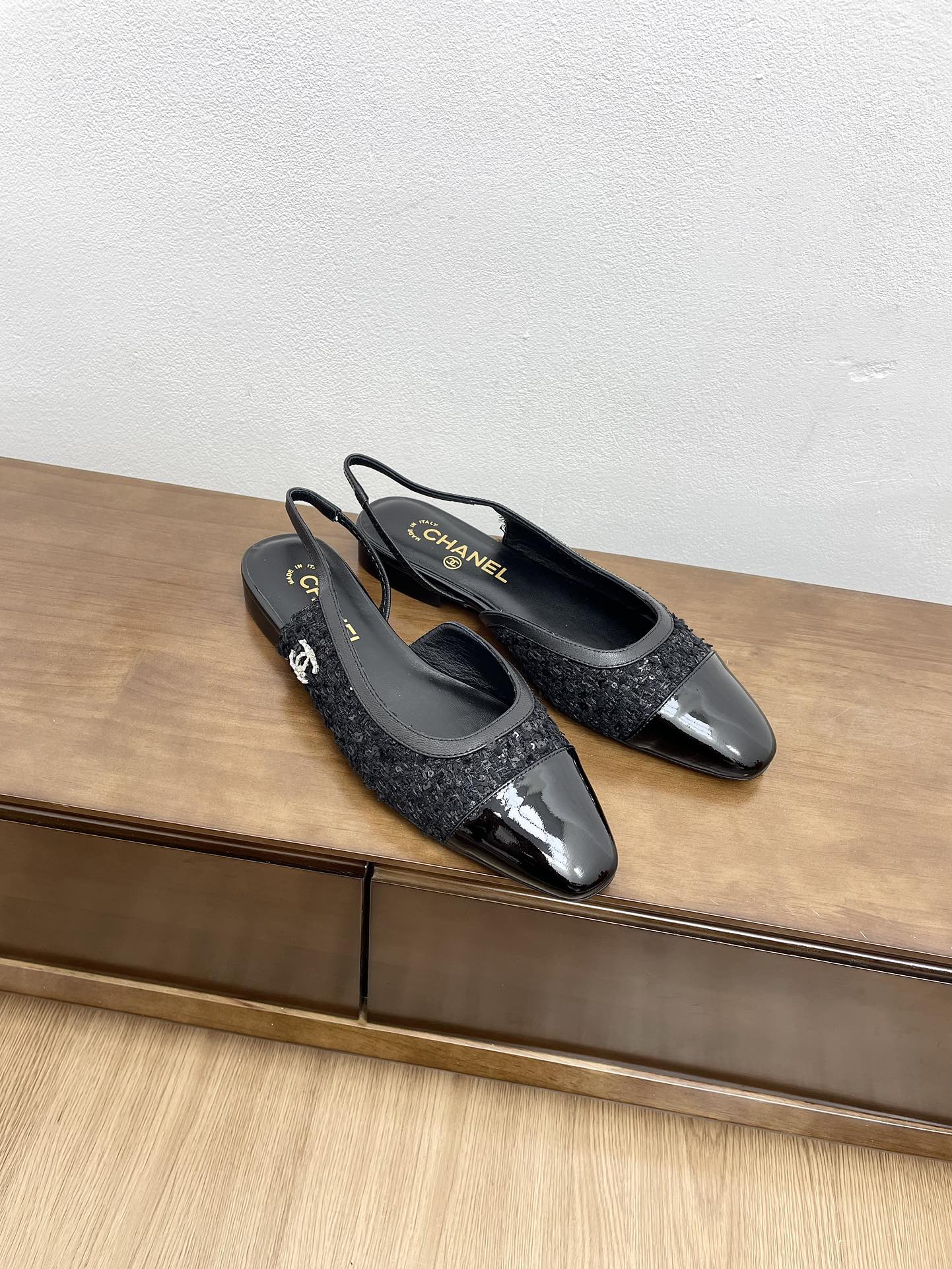 CC Slingback Black Tweed Fabric And Calfskin