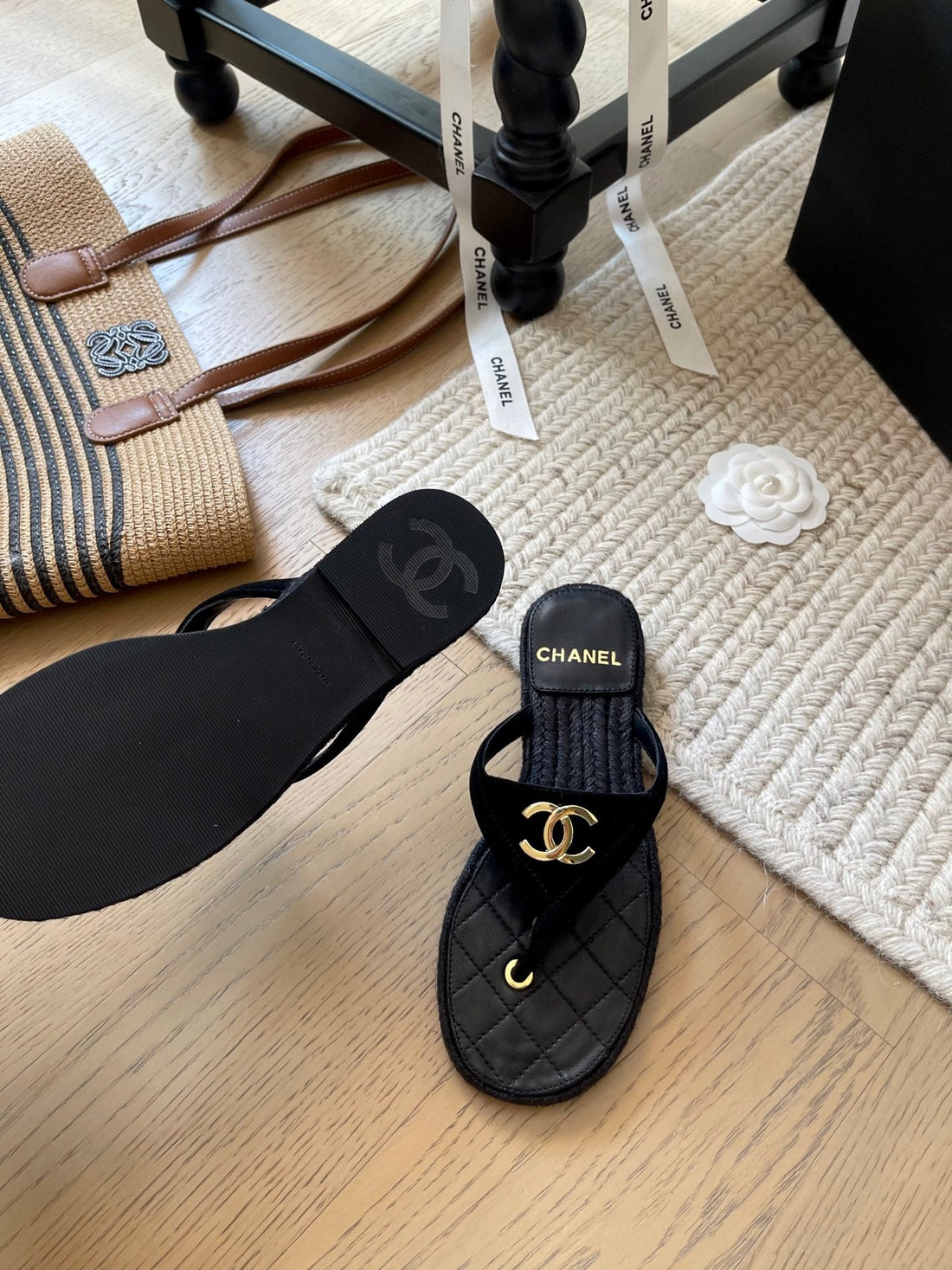 CC 25 Flip Flop Sandals Black Suede Calfskin Espadrilles
