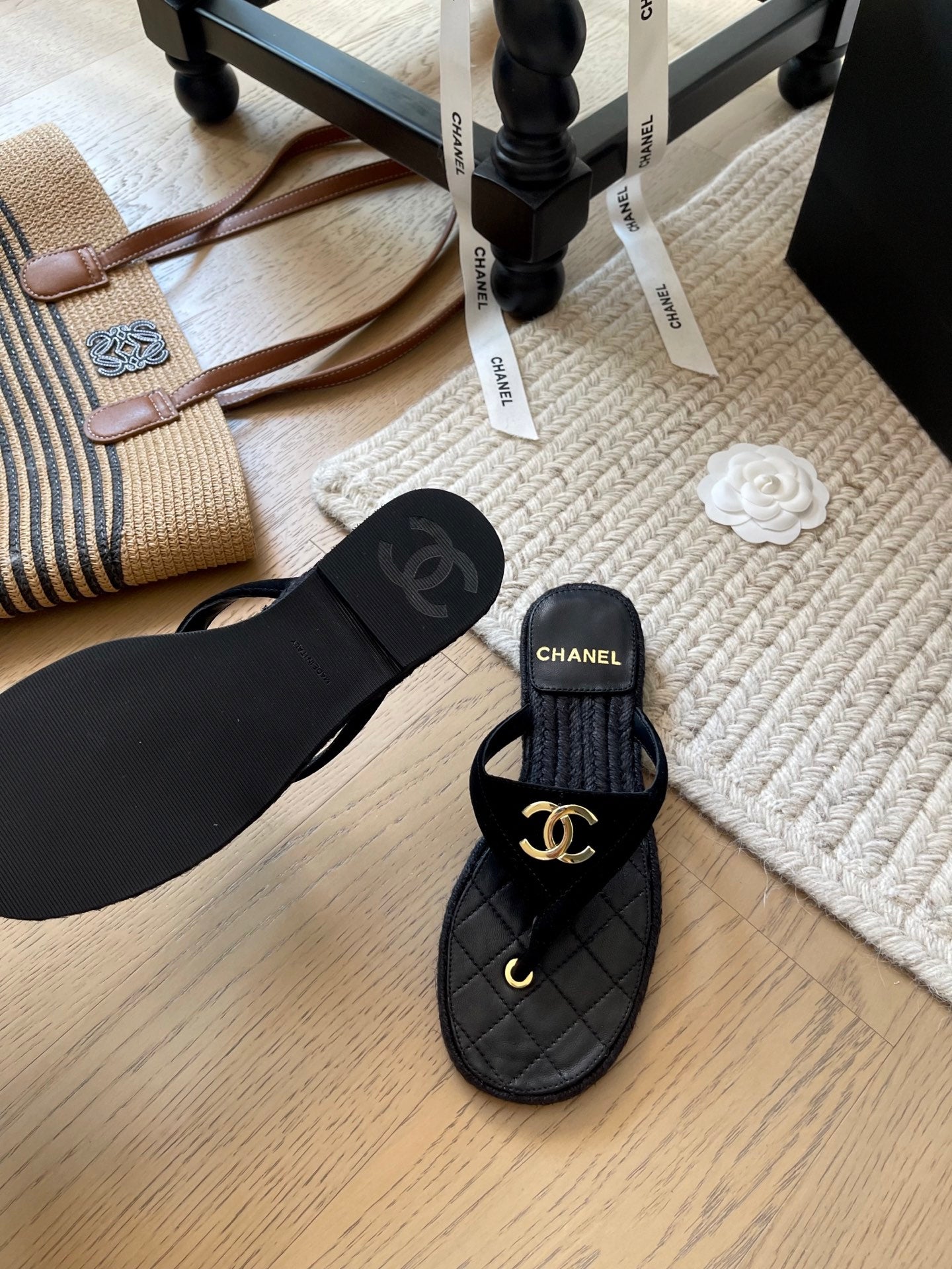 CC 25 Flip Flop Sandals Black Suede Calfskin Espadrilles