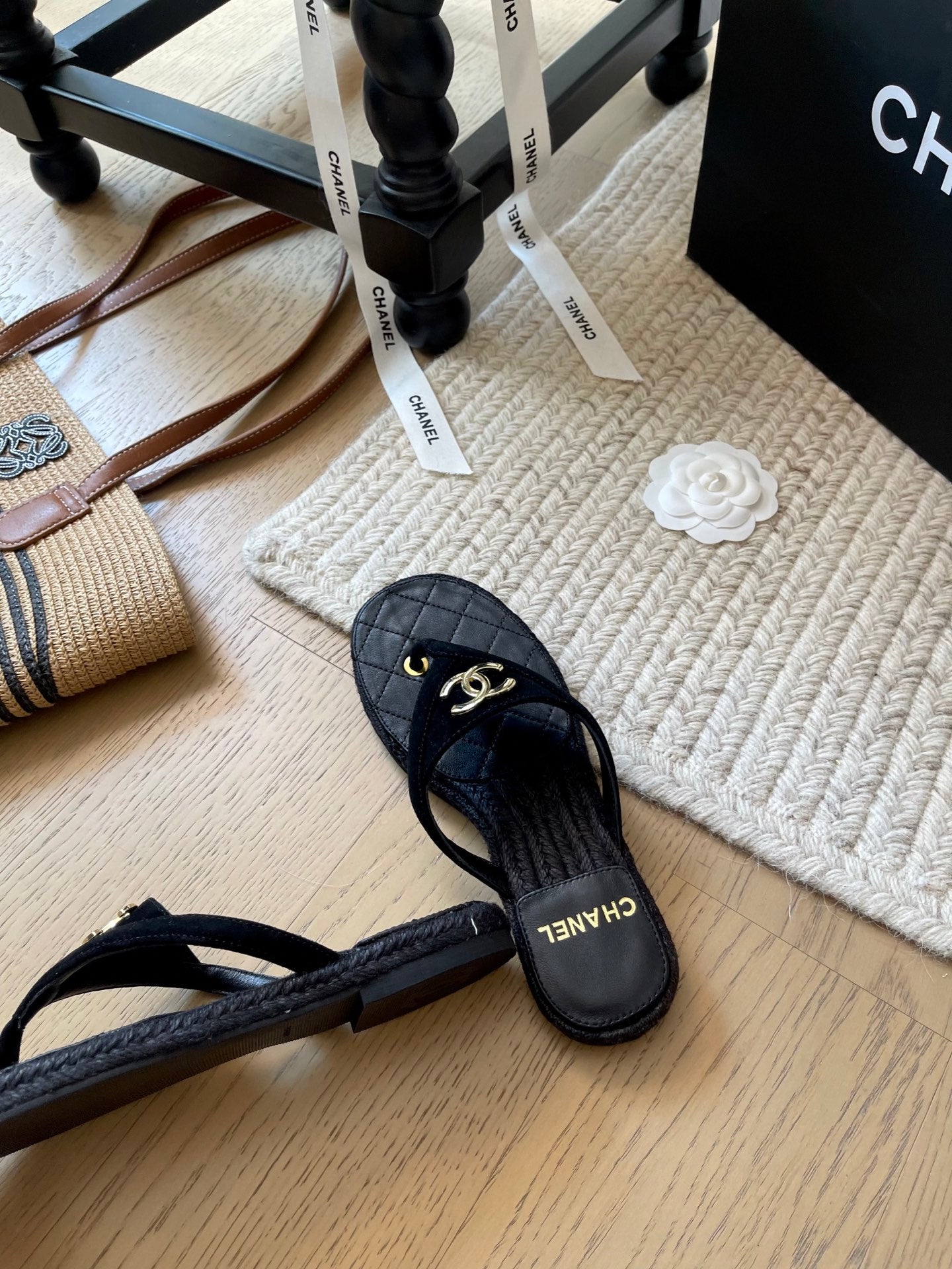 CC 25 Flip Flop Sandals Black Suede Calfskin Espadrilles