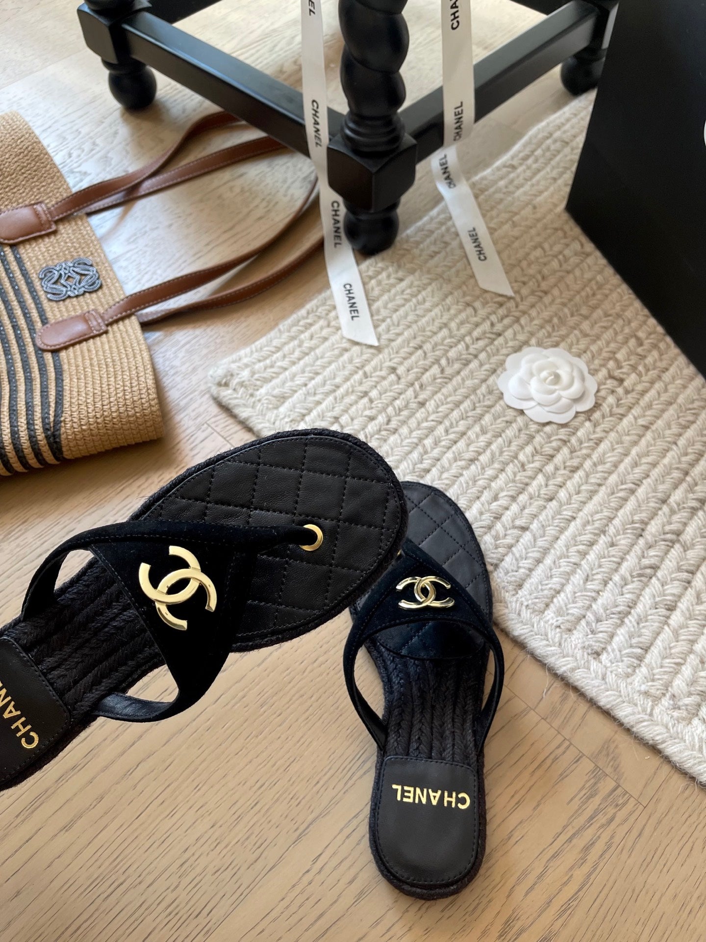 CC 25 Flip Flop Sandals Black Suede Calfskin Espadrilles