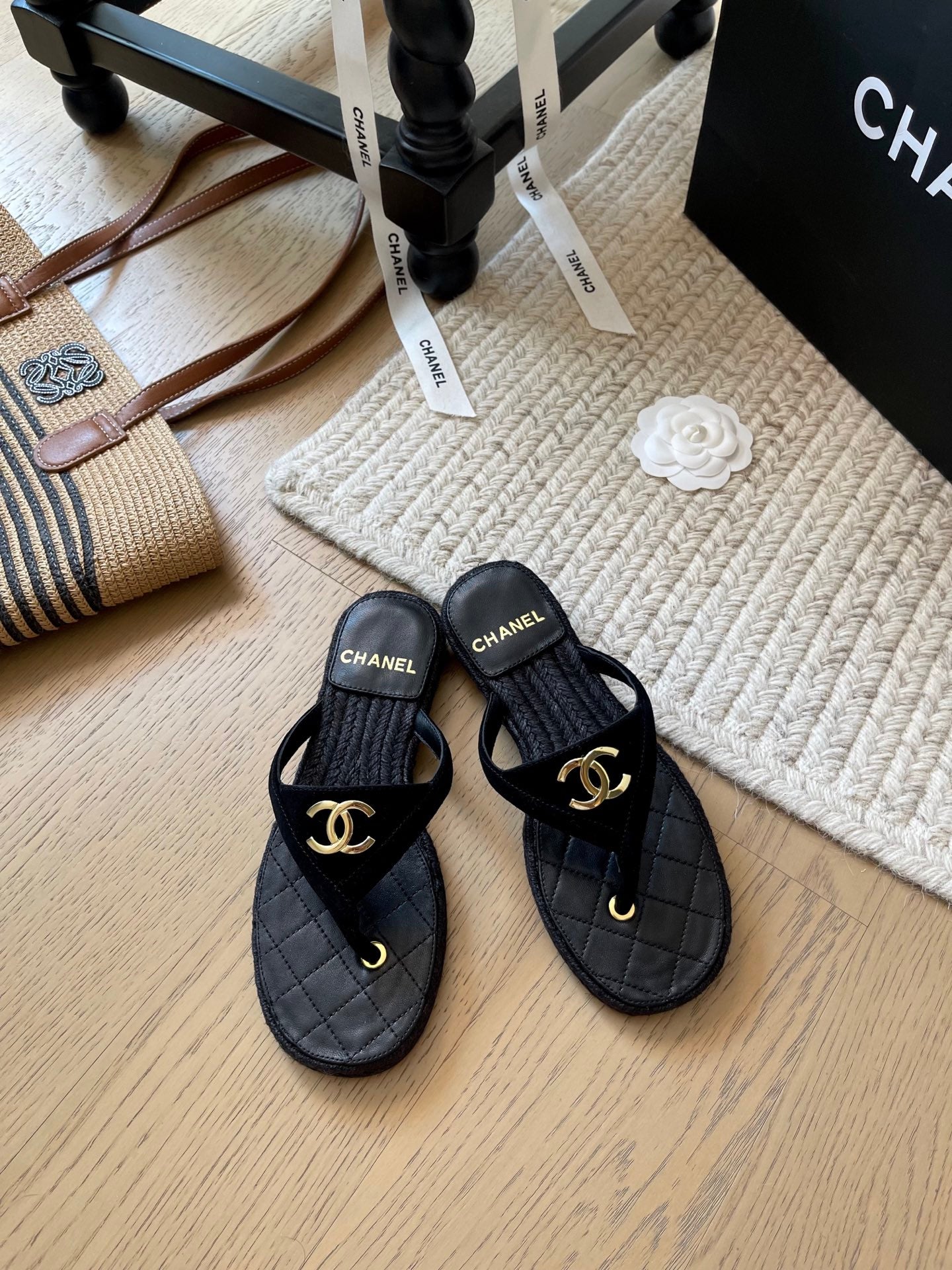 CC 25 Flip Flop Sandals Black Suede Calfskin Espadrilles