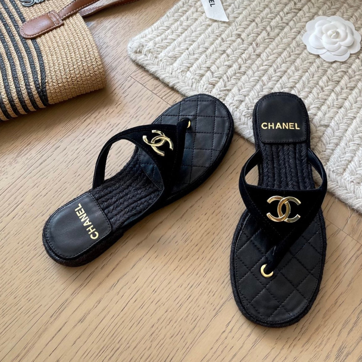 CC 25 Flip Flop Sandals Black Suede Calfskin Espadrilles