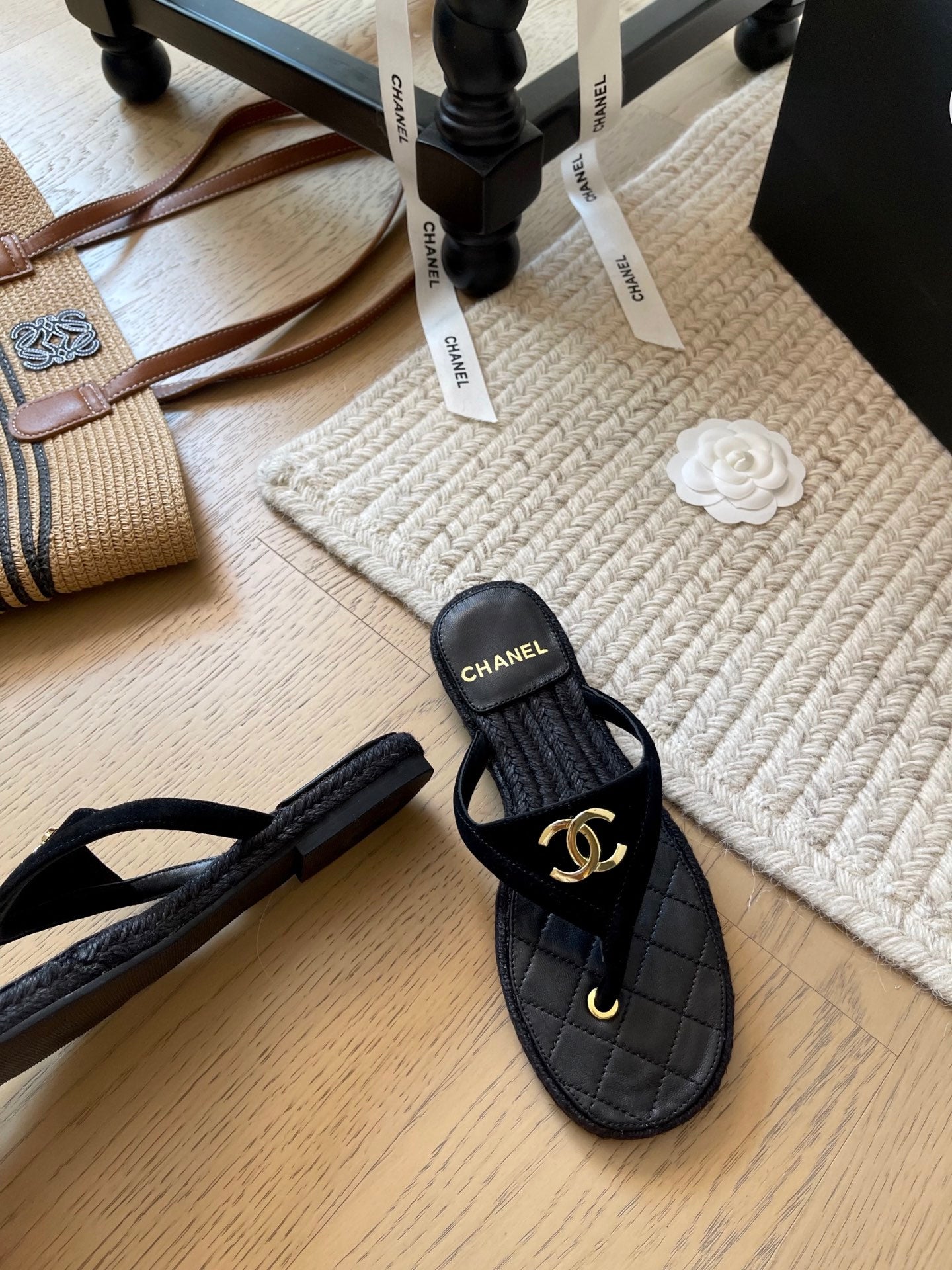 CC 25 Flip Flop Sandals Black Suede Calfskin Espadrilles