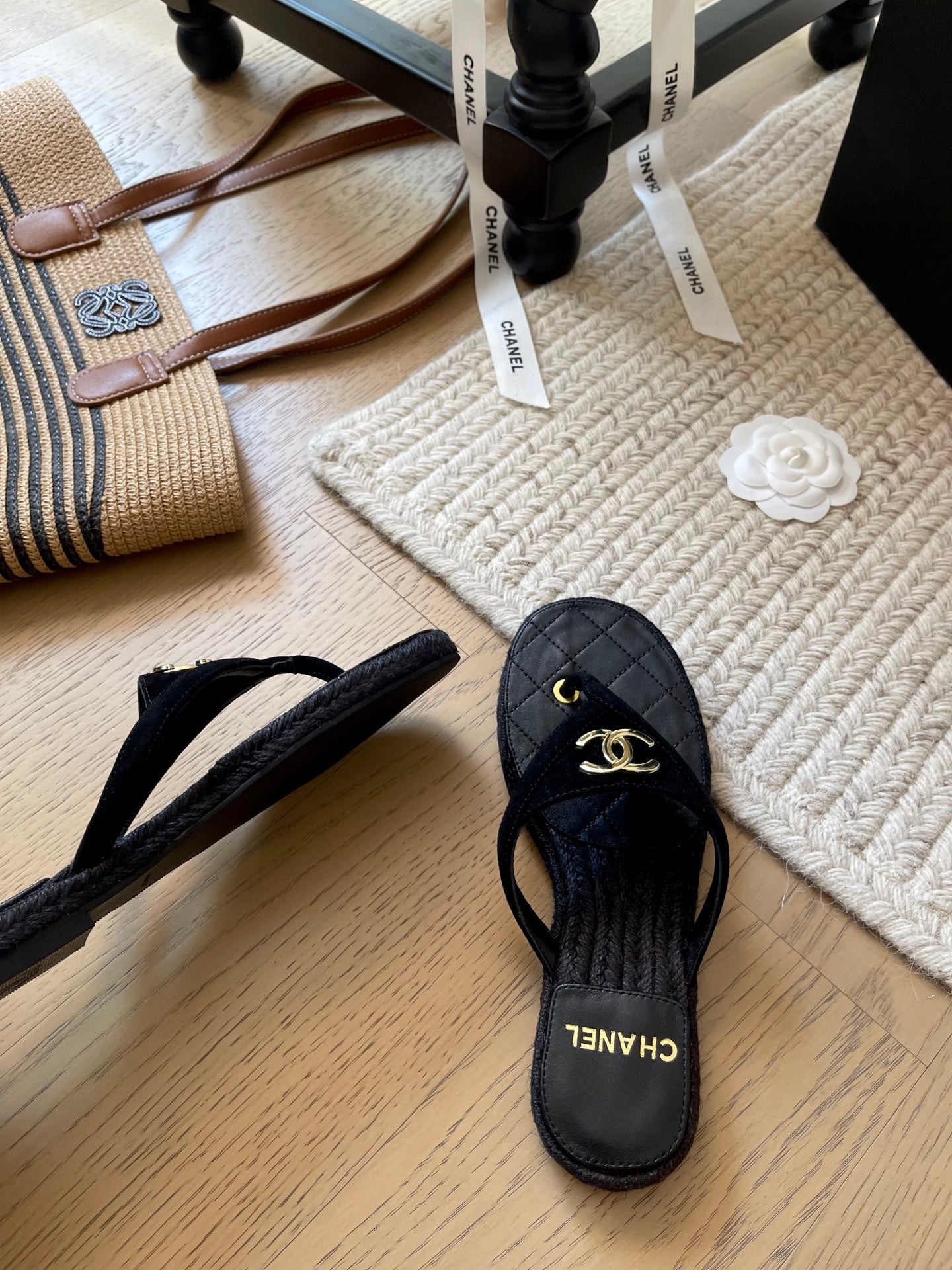 CC 25 Flip Flop Sandals Black Suede Calfskin Espadrilles