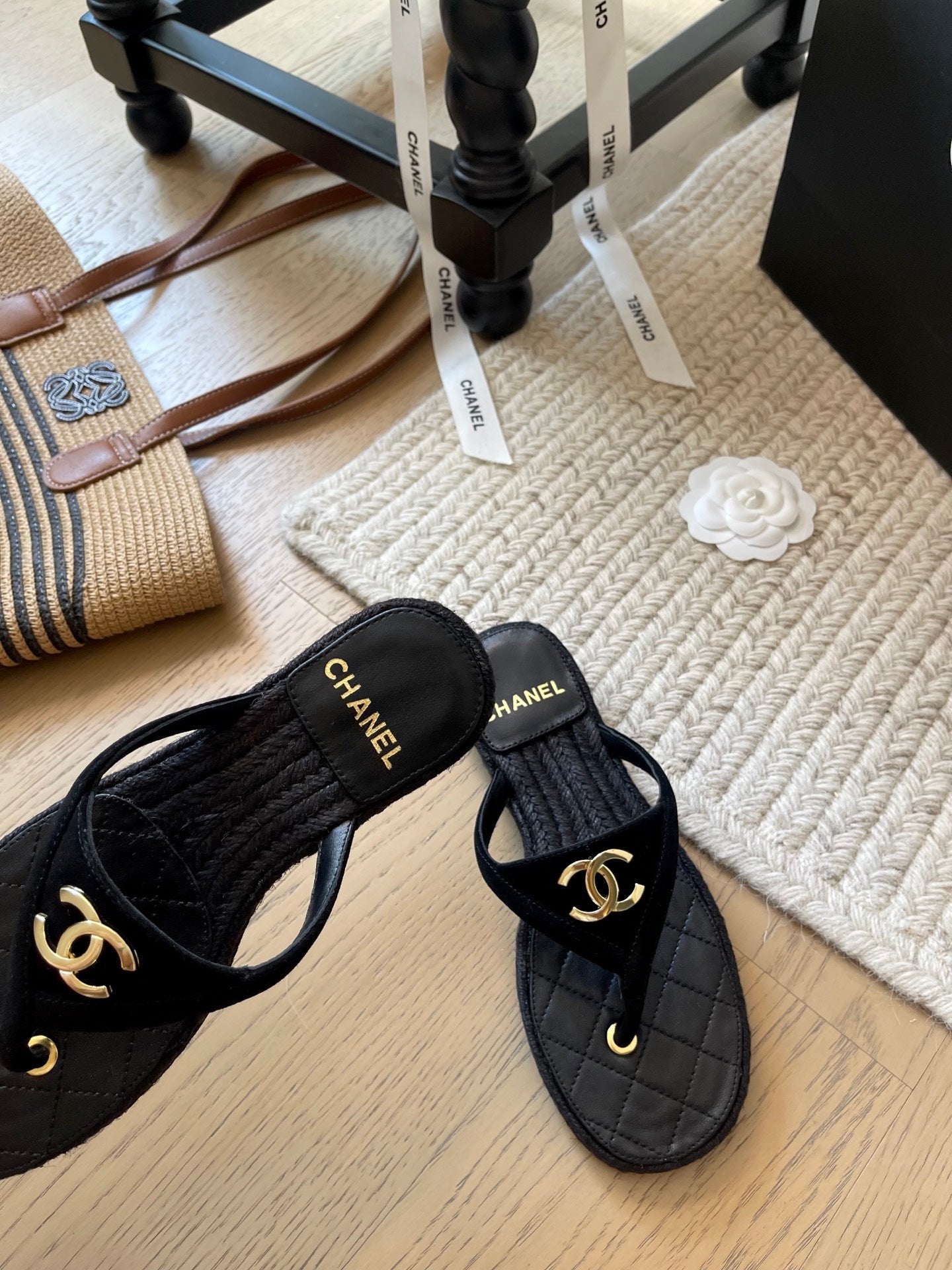 CC 25 Flip Flop Sandals Black Suede Calfskin Espadrilles