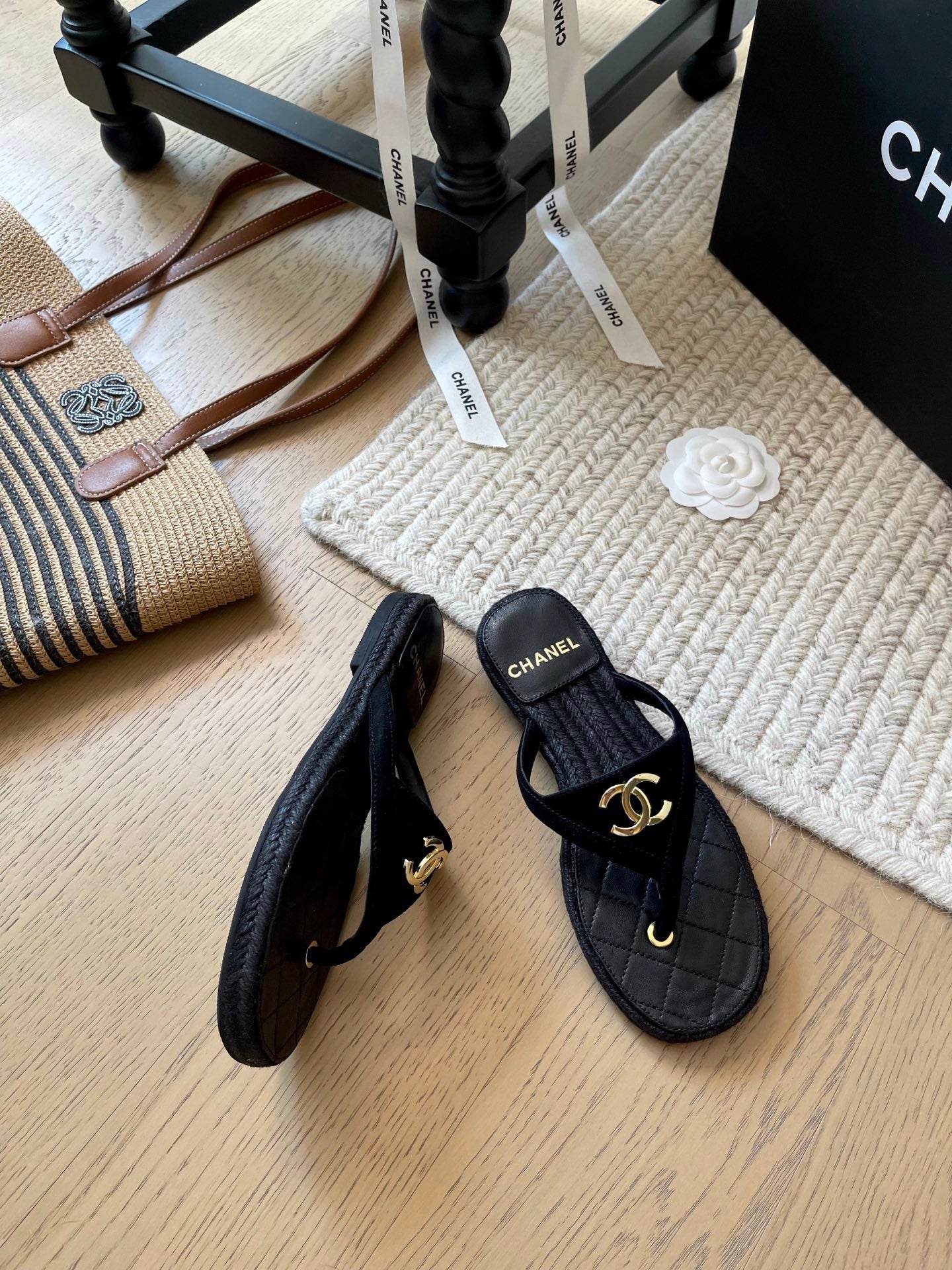 CC 25 Flip Flop Sandals Black Suede Calfskin Espadrilles