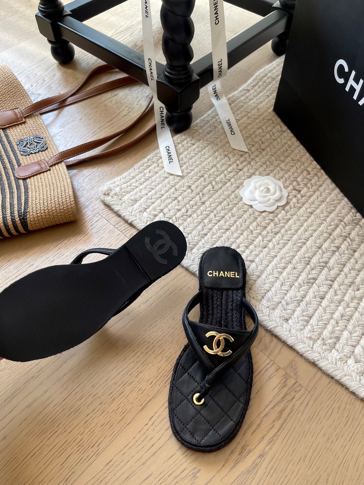 CC 25 Flip Flop Sandals Black Calfskin Espadrilles