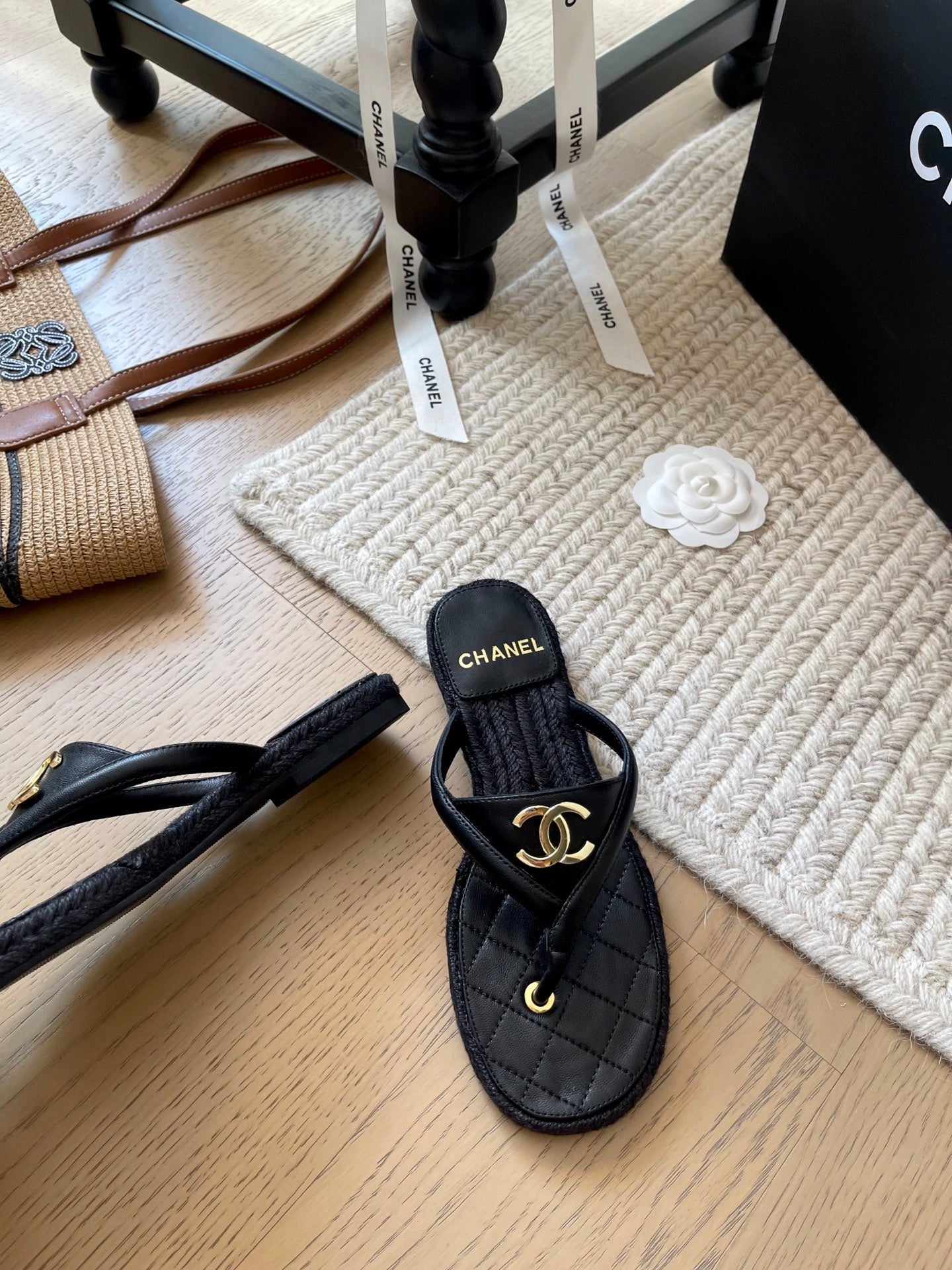 CC 25 Flip Flop Sandals Black Calfskin Espadrilles