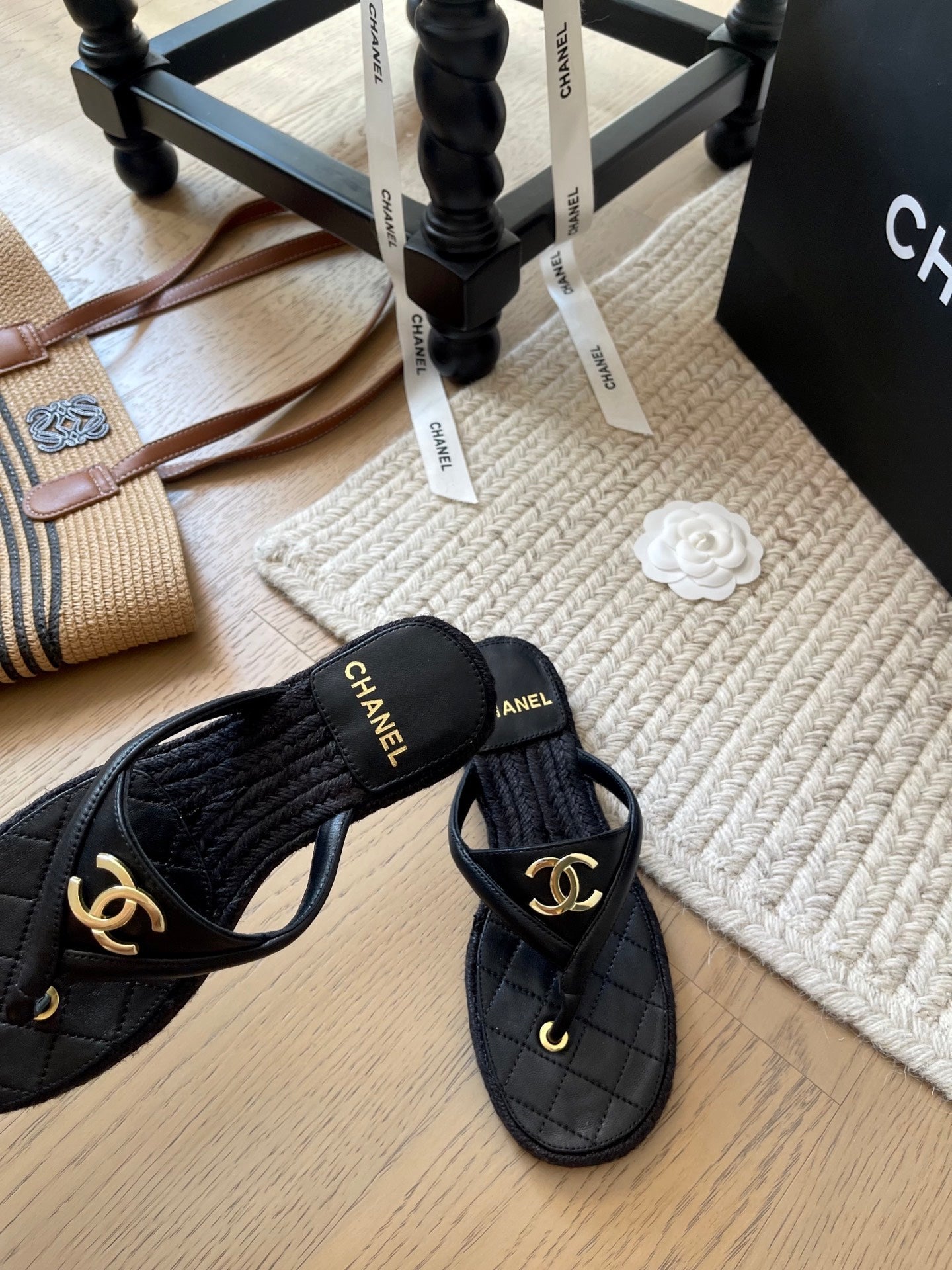 CC 25 Flip Flop Sandals Black Calfskin Espadrilles