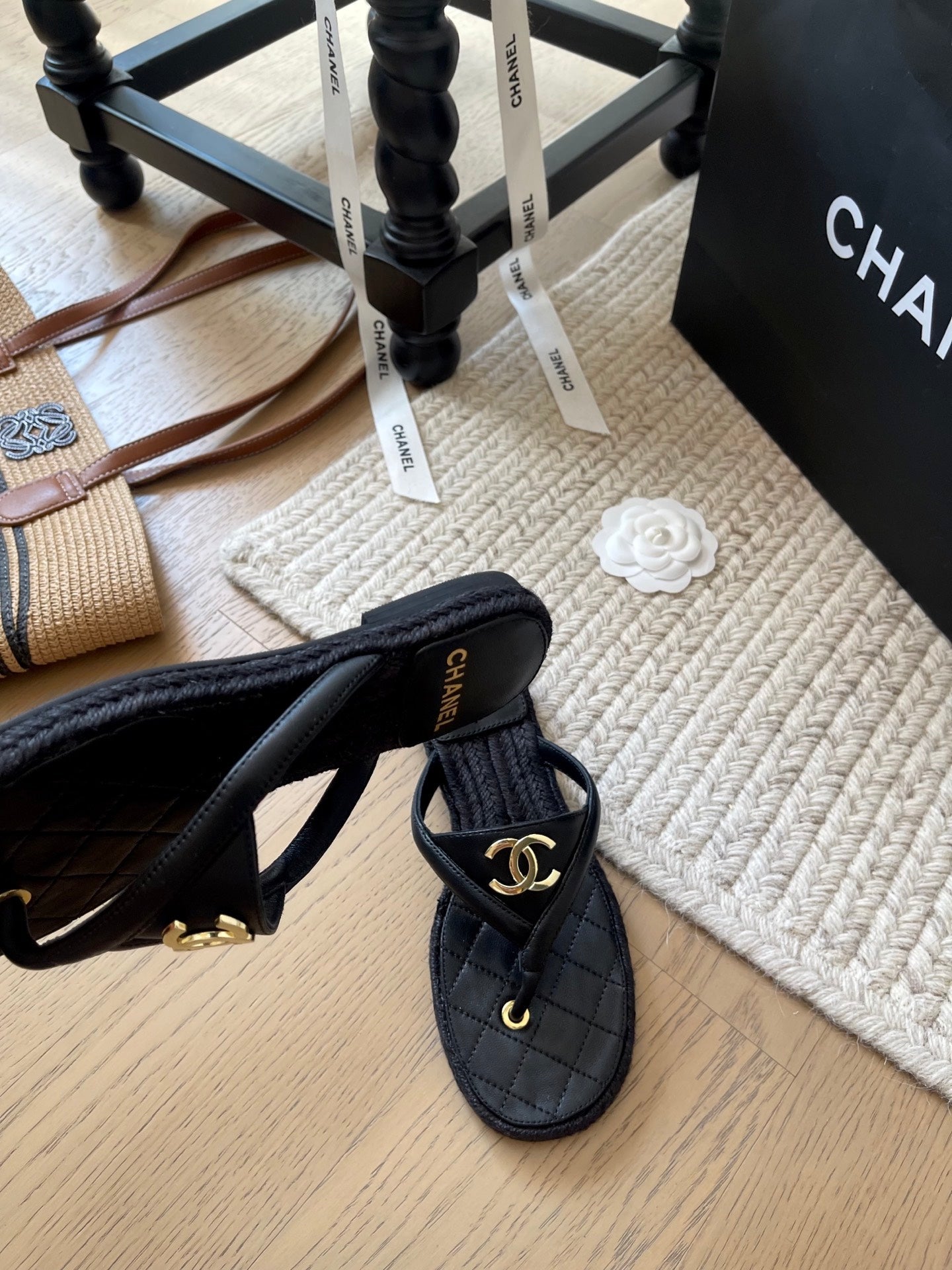 CC 25 Flip Flop Sandals Black Calfskin Espadrilles