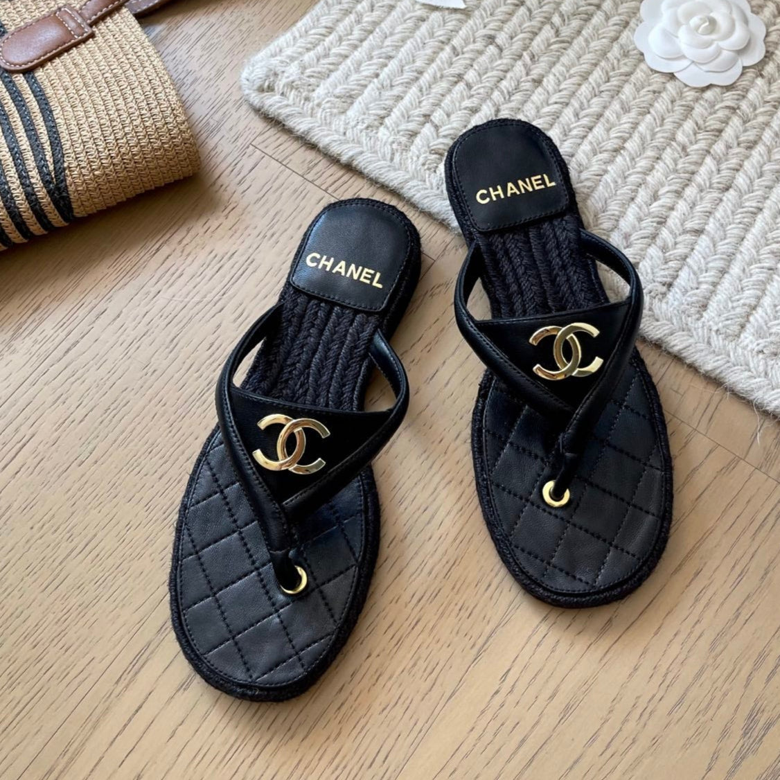 CC 25 Flip Flop Sandals Black Calfskin Espadrilles