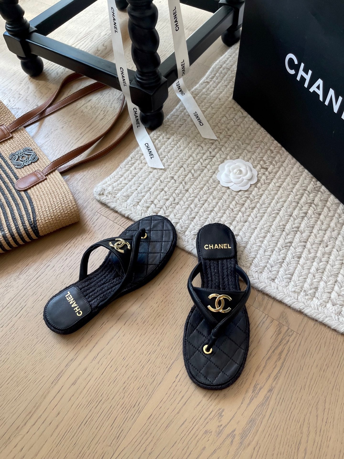 CC 25 Flip Flop Sandals Black Calfskin Espadrilles