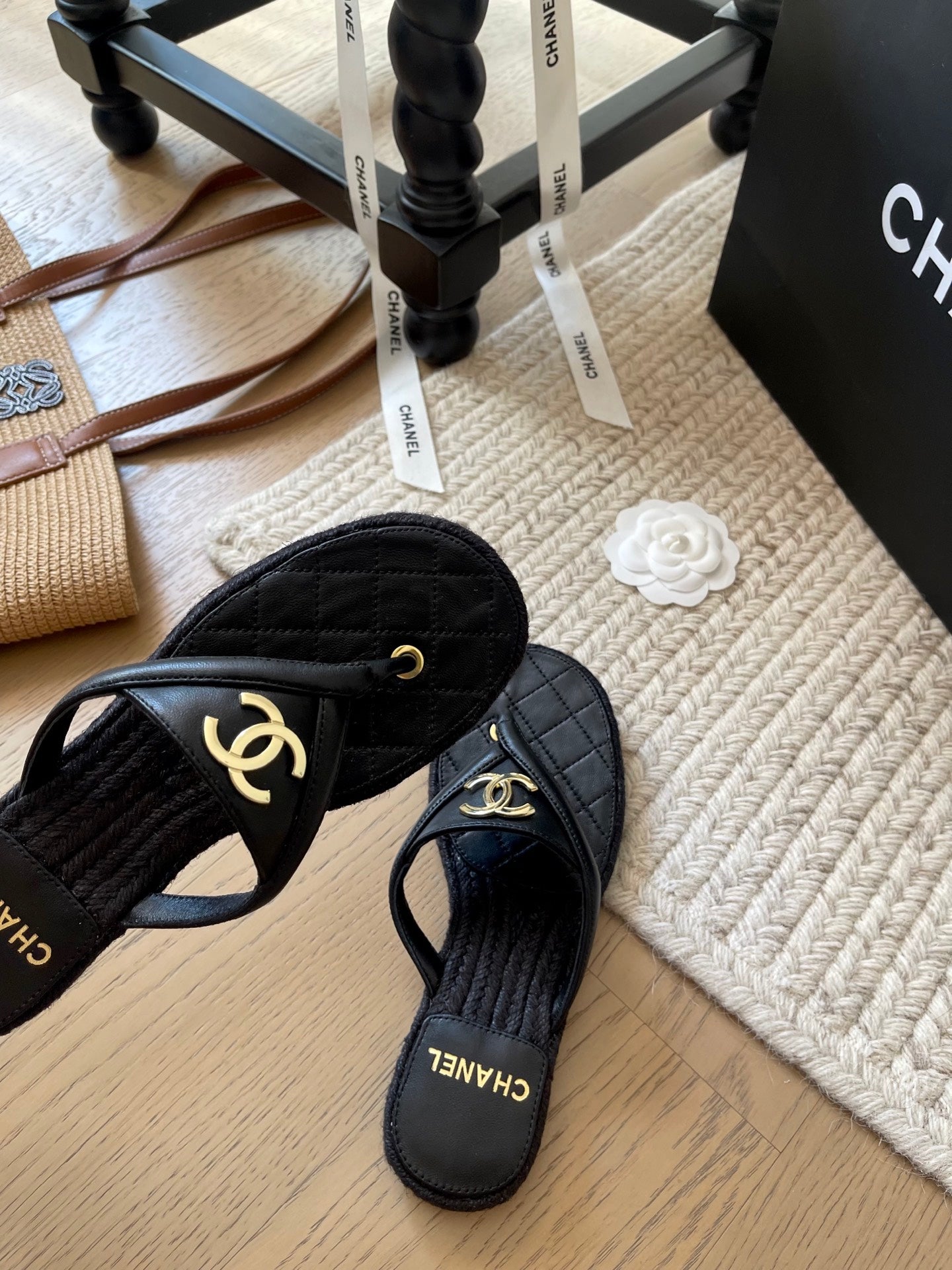 CC 25 Flip Flop Sandals Black Calfskin Espadrilles