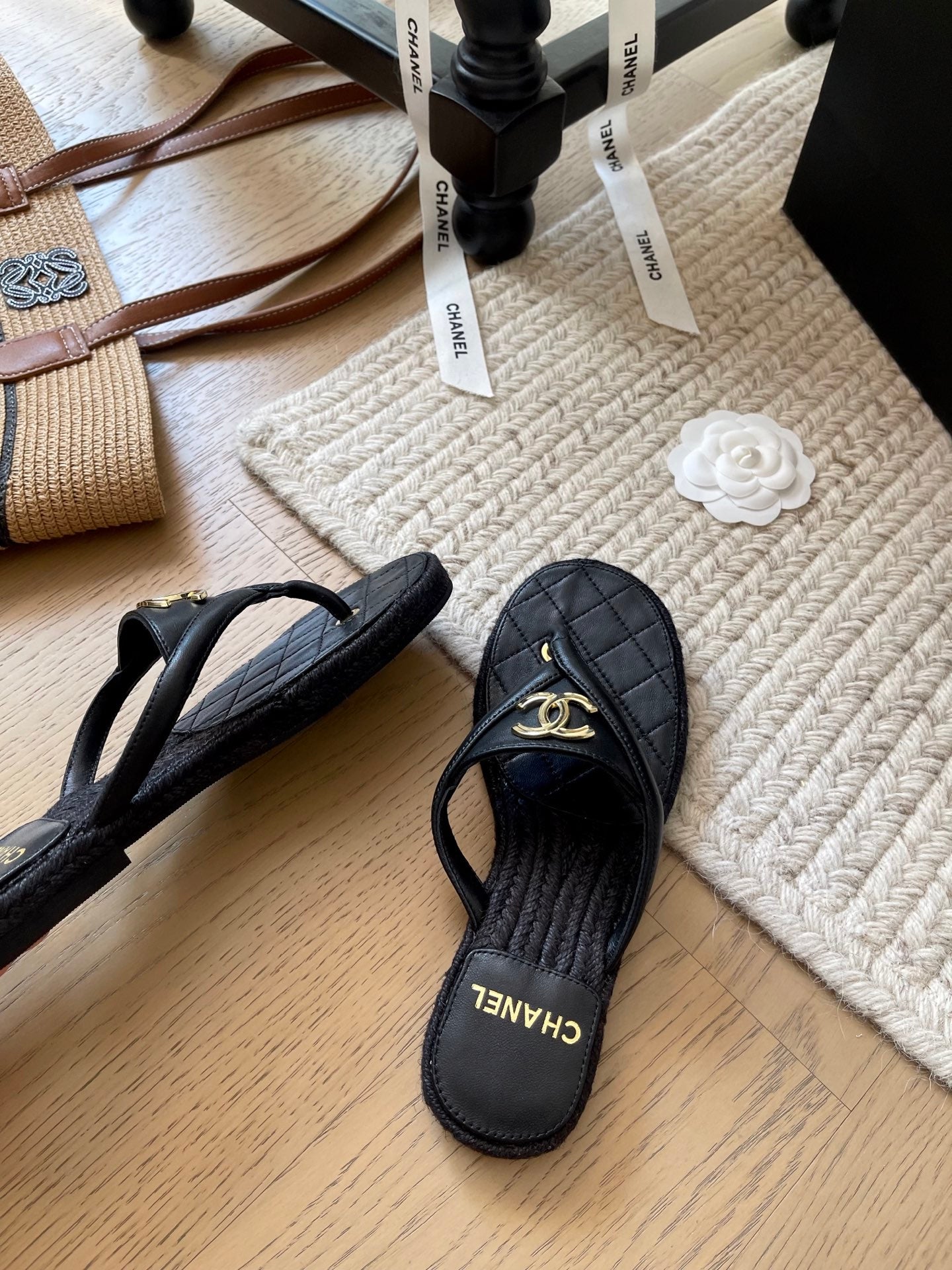 CC 25 Flip Flop Sandals Black Calfskin Espadrilles