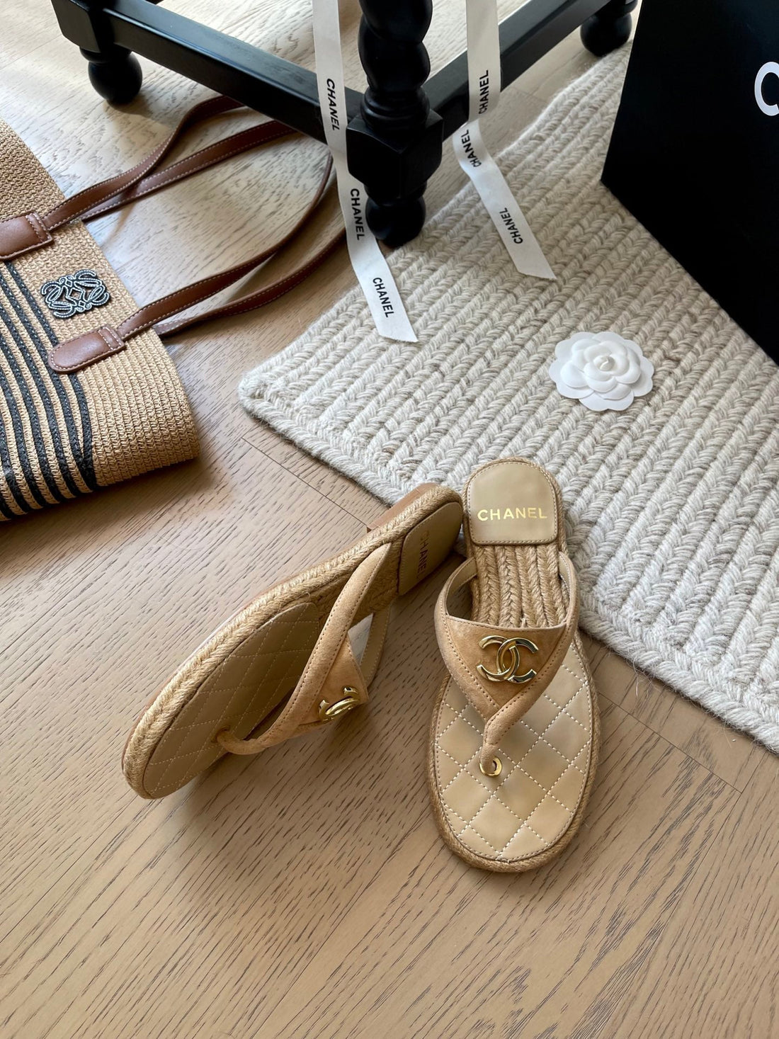 CC 25 Flip Flop Sandals Beige Suede Calfskin Espadrilles
