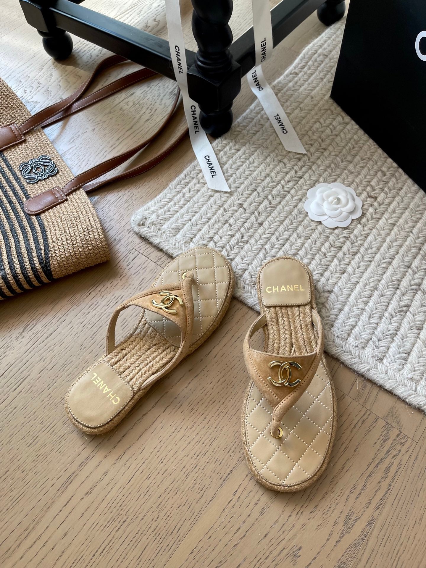 CC 25 Flip Flop Sandals Beige Suede Calfskin Espadrilles