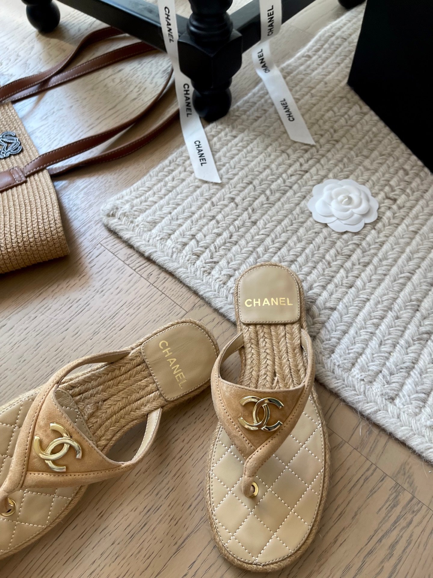 CC 25 Flip Flop Sandals Beige Suede Calfskin Espadrilles
