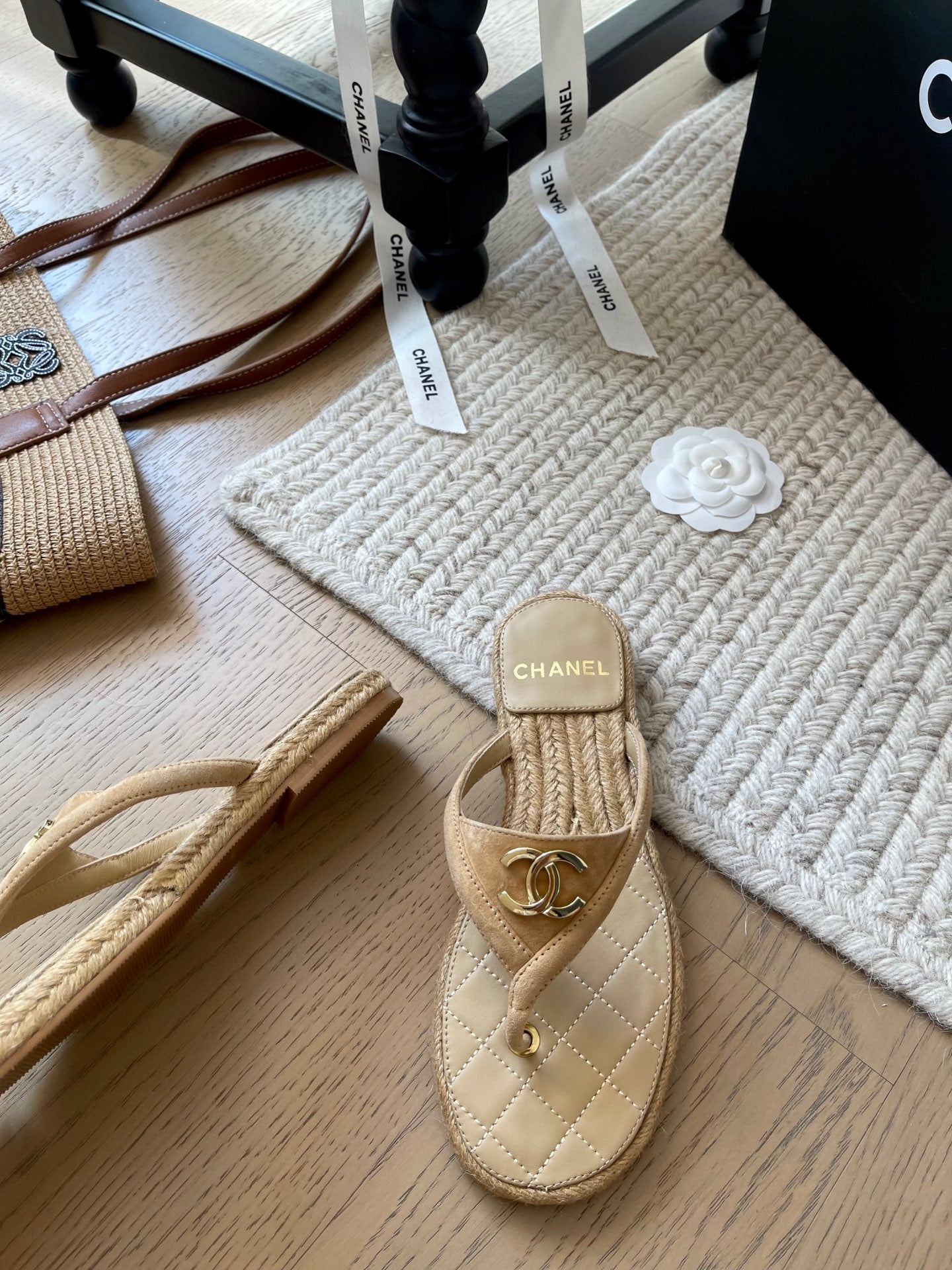 CC 25 Flip Flop Sandals Beige Suede Calfskin Espadrilles