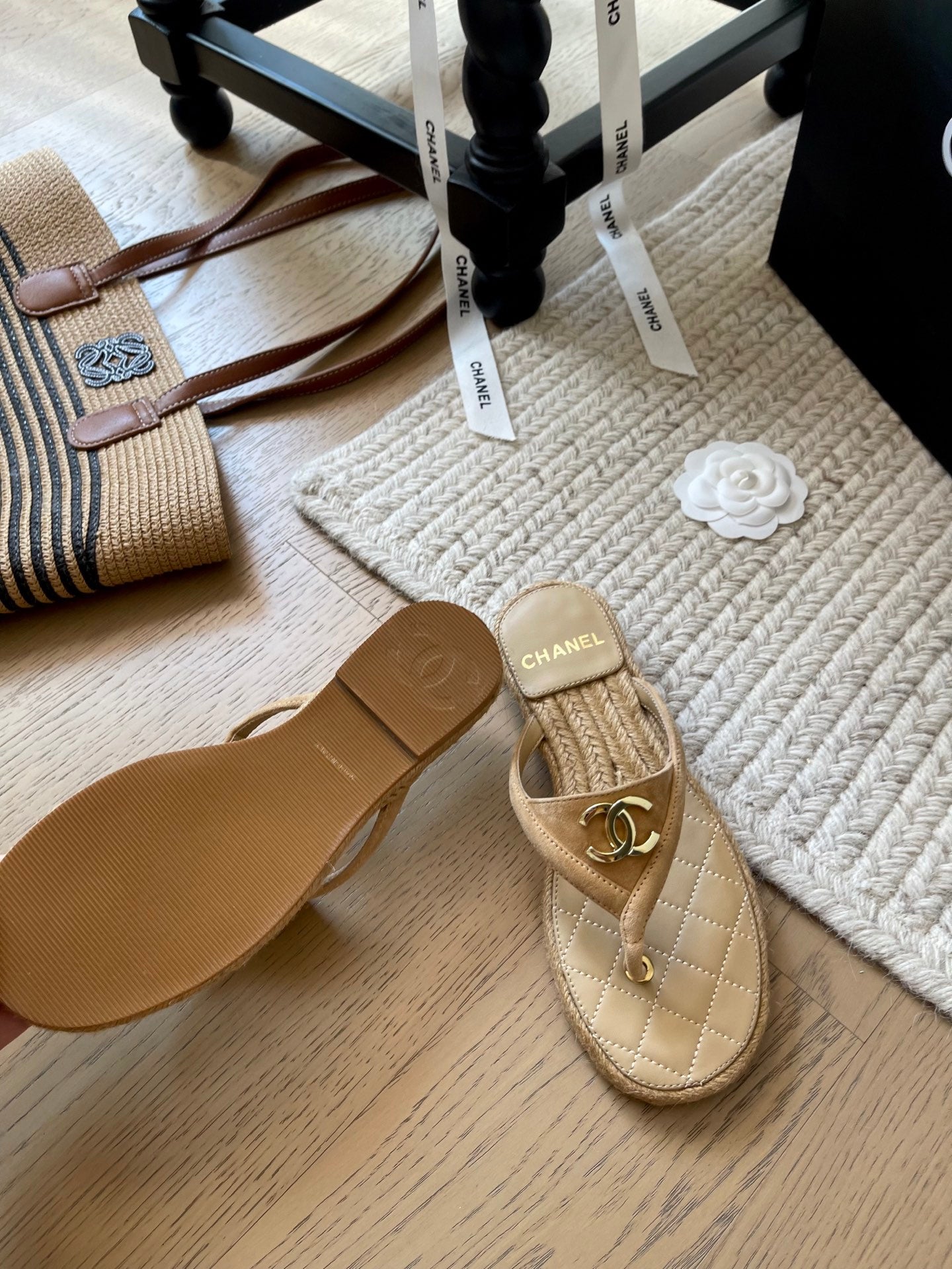 CC 25 Flip Flop Sandals Beige Suede Calfskin Espadrilles