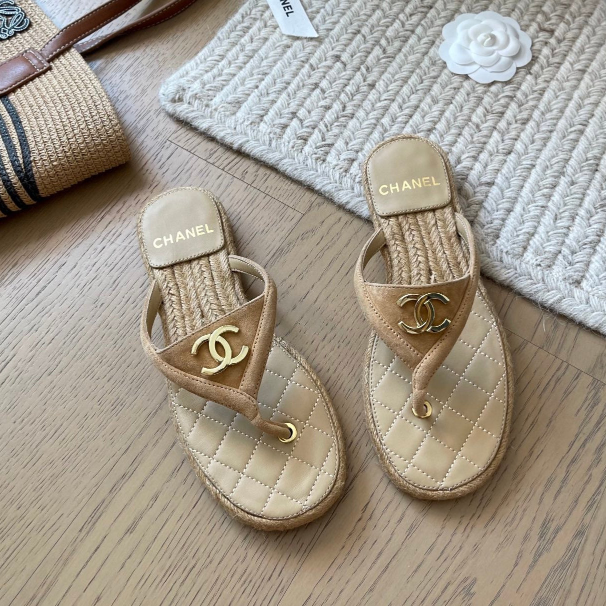 CC 25 Flip Flop Sandals Beige Suede Calfskin Espadrilles