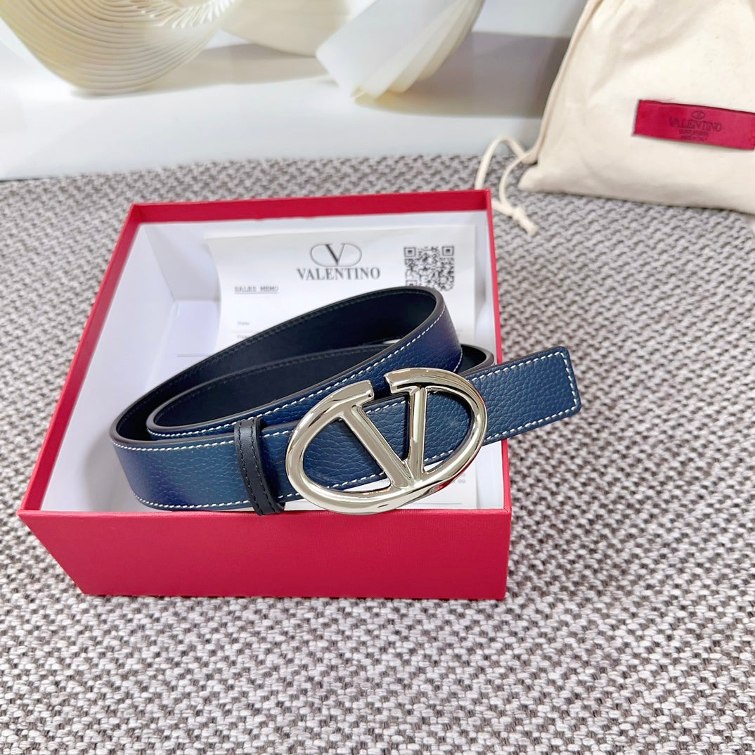 The Bold Edition Reversible Belt 30mm Blue Black Grained Calfskin Silver Buckle