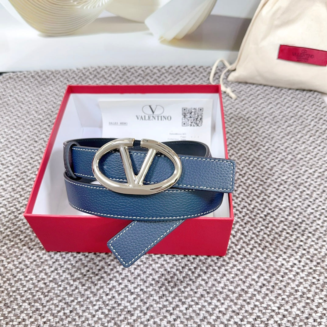 The Bold Edition Reversible Belt 30mm Blue Black Grained Calfskin Silver Buckle