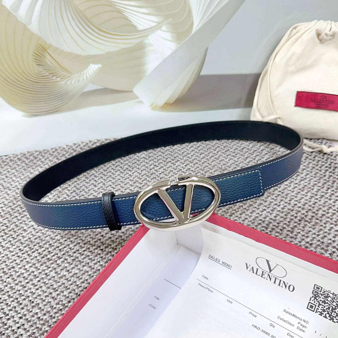 The Bold Edition Reversible Belt 30mm Blue Black Grained Calfskin Silver Buckle