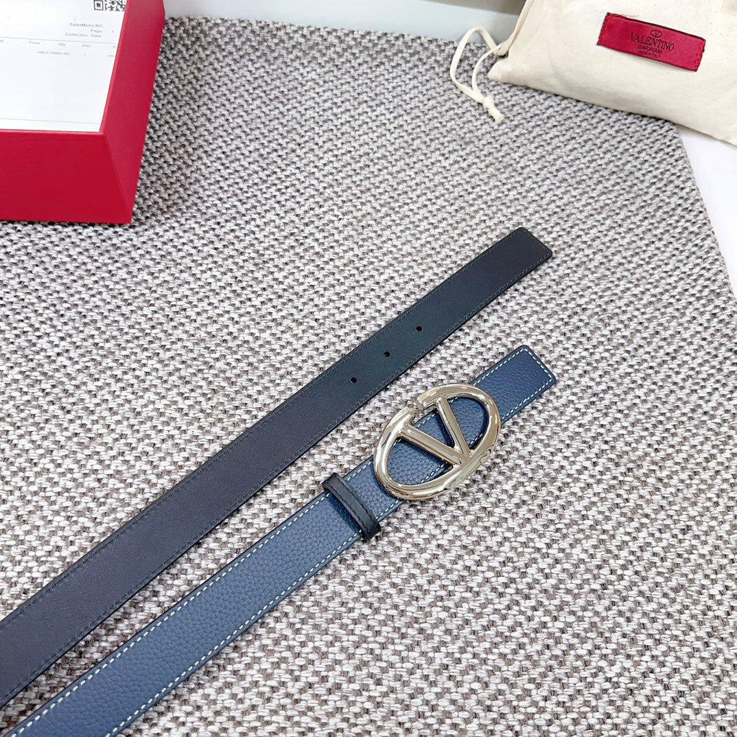 The Bold Edition Reversible Belt 30mm Blue Black Grained Calfskin Silver Buckle