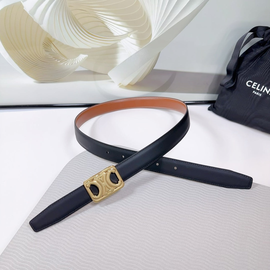 CL MEDIUM 25 MM REVERSIBLE FRAMED TRIOMPHE BELT BLACK AND BRONZE BROWN CALFSKIN LIGHT GOLD HARDWARE