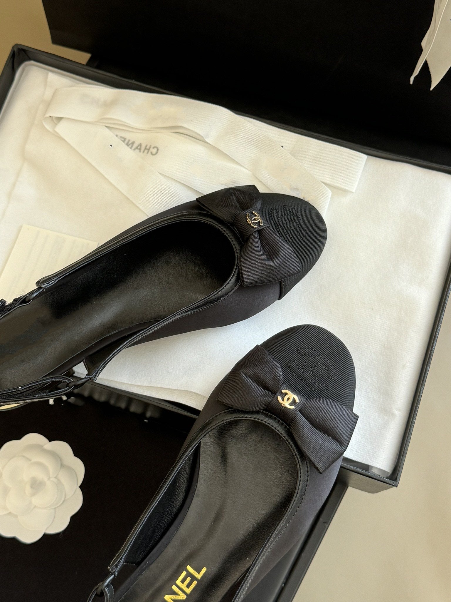 cc slingback flat black grosgrain calfskin