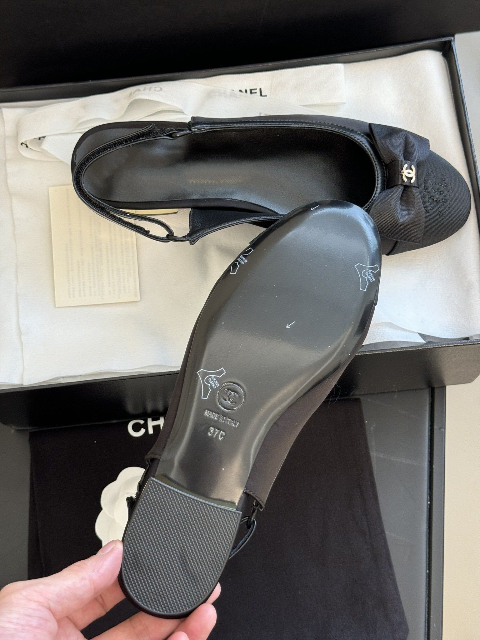 cc slingback flat black grosgrain calfskin