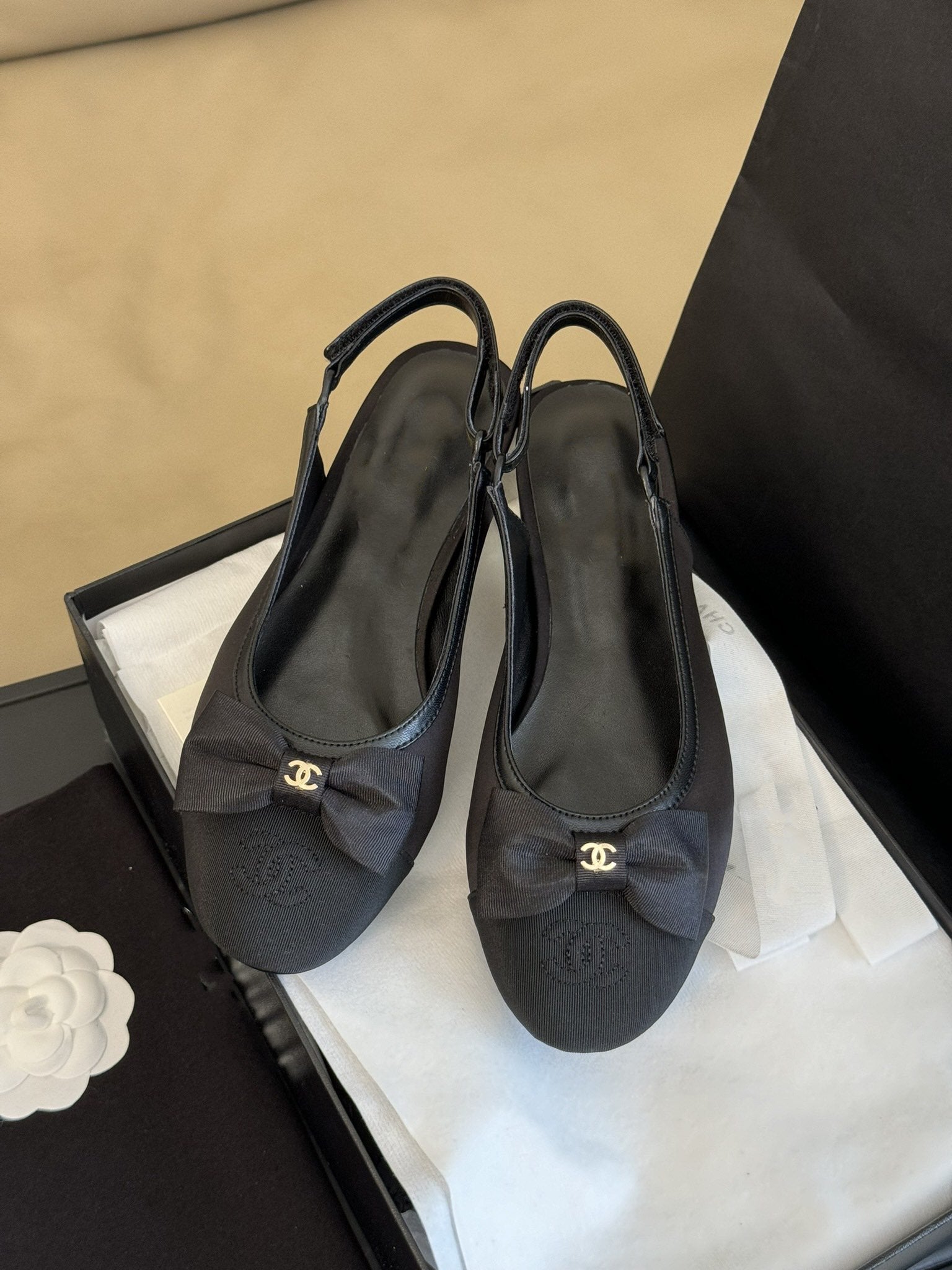 cc slingback flat black grosgrain calfskin