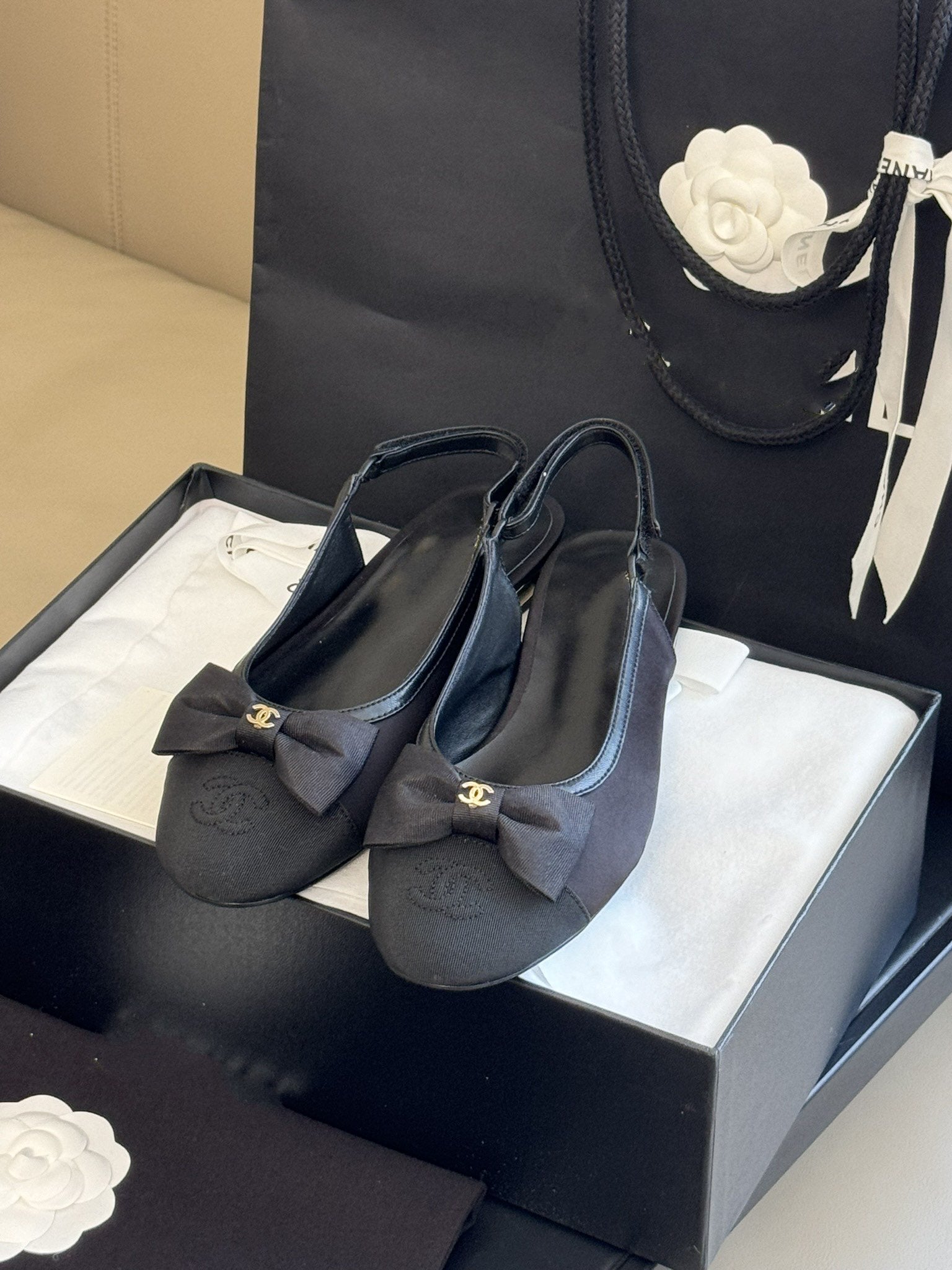 cc slingback flat black grosgrain calfskin