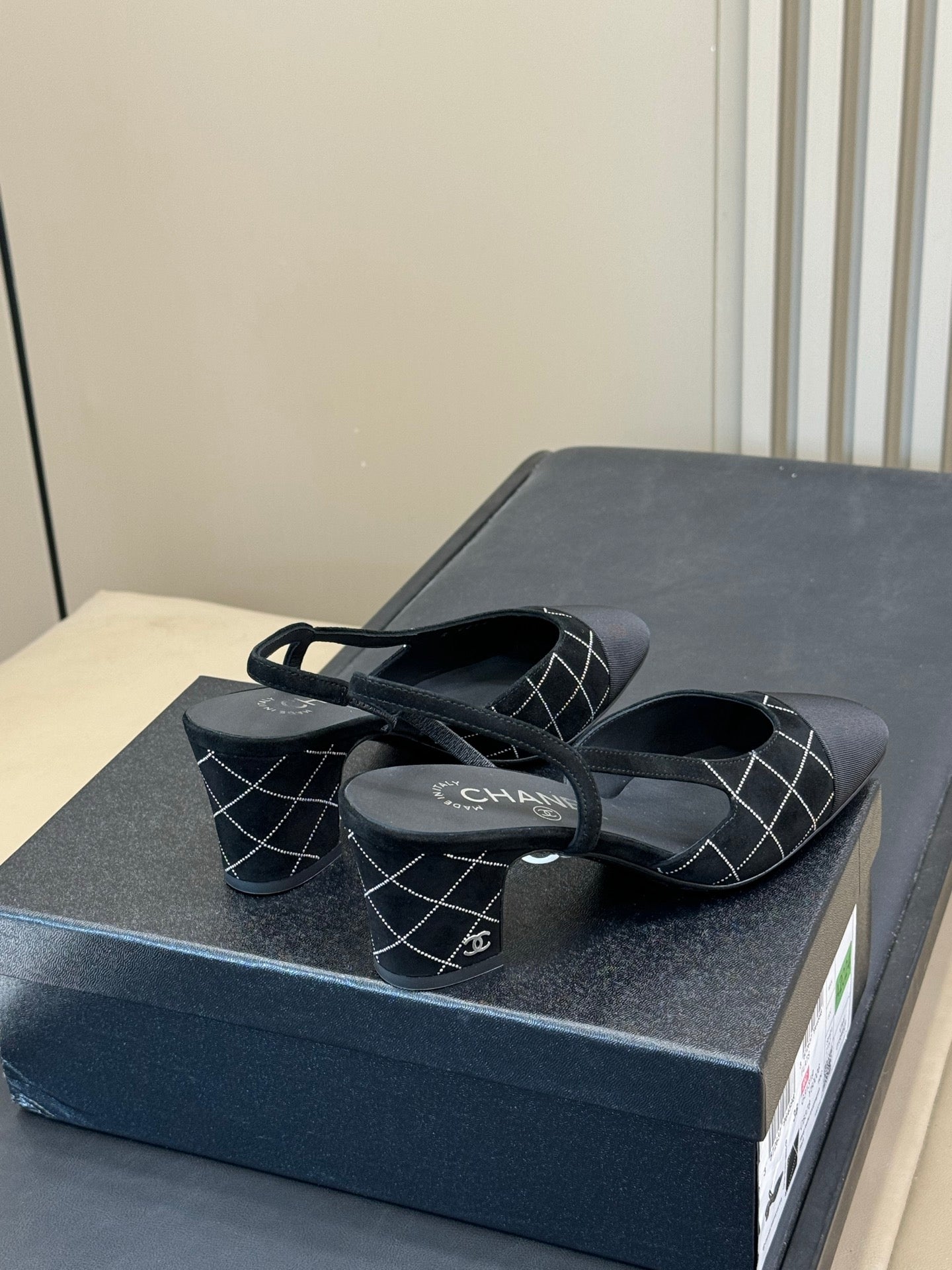 Chanel 25 Plaid Slingback Black Suede Sheepskin 468361