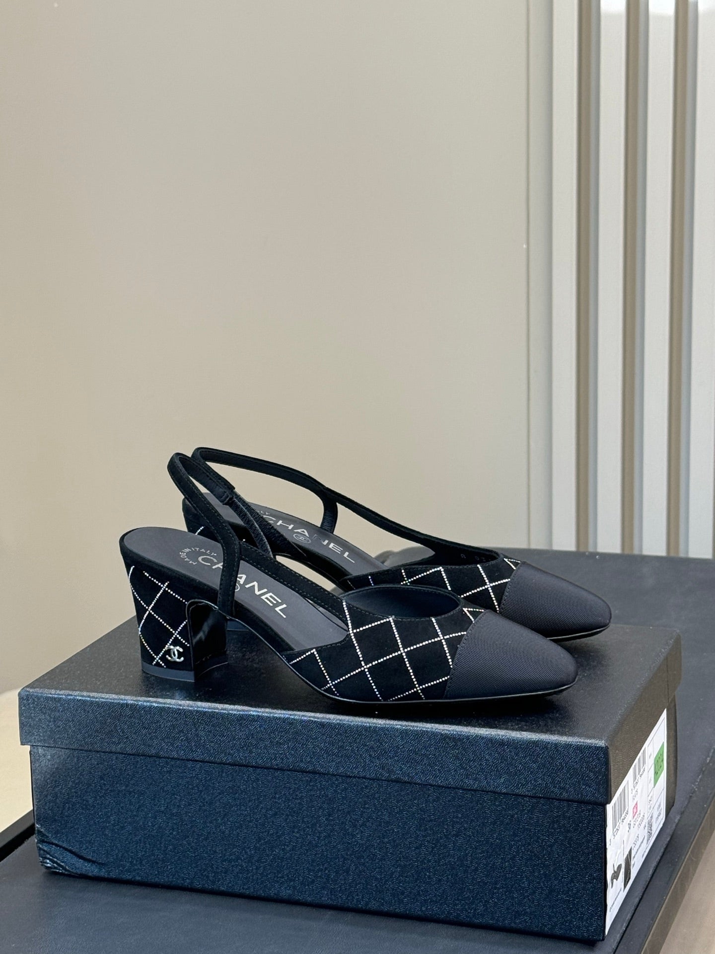 Chanel 25 Plaid Slingback Black Suede Sheepskin 468361