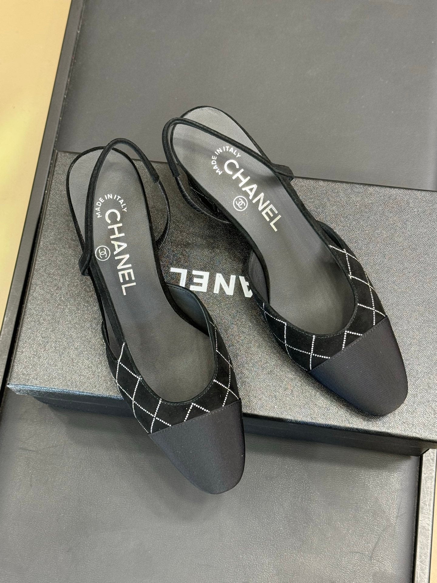 Chanel 25 Plaid Slingback Black Suede Sheepskin 468361