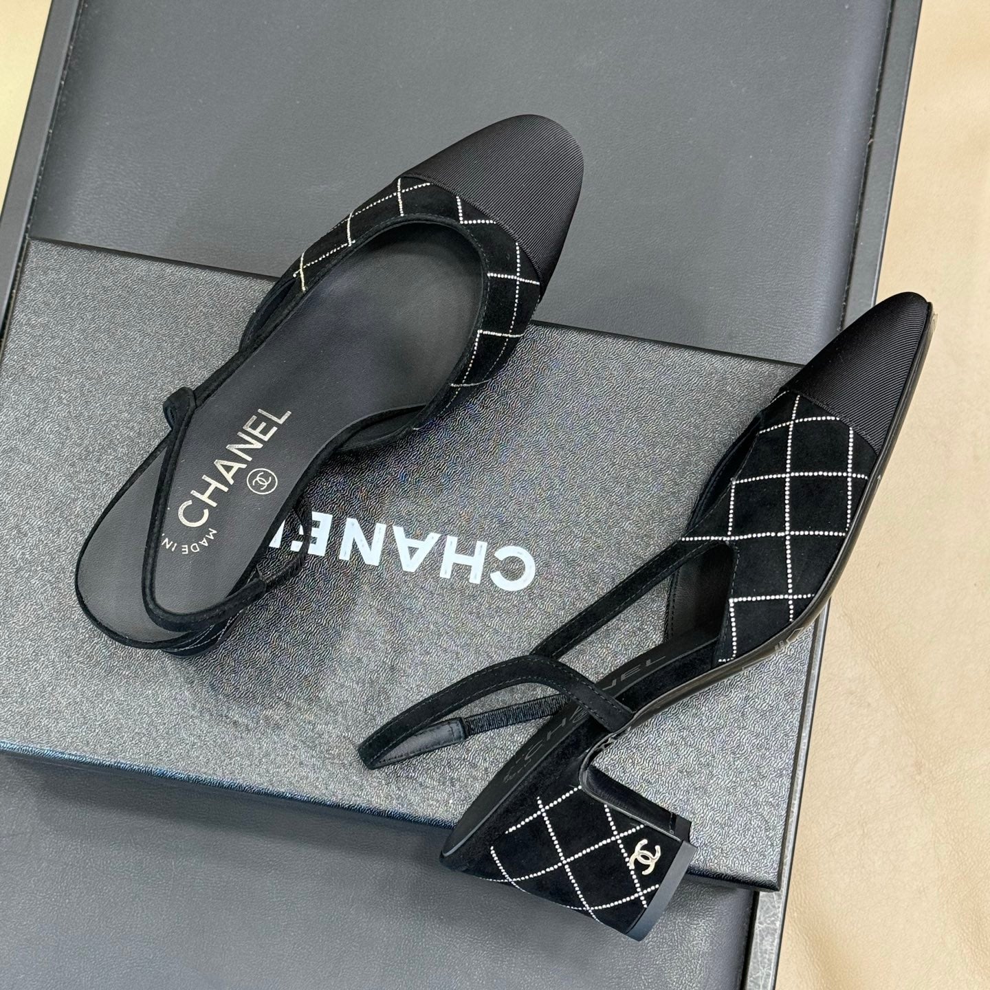 Chanel 25 Plaid Slingback Black Suede Sheepskin 468361