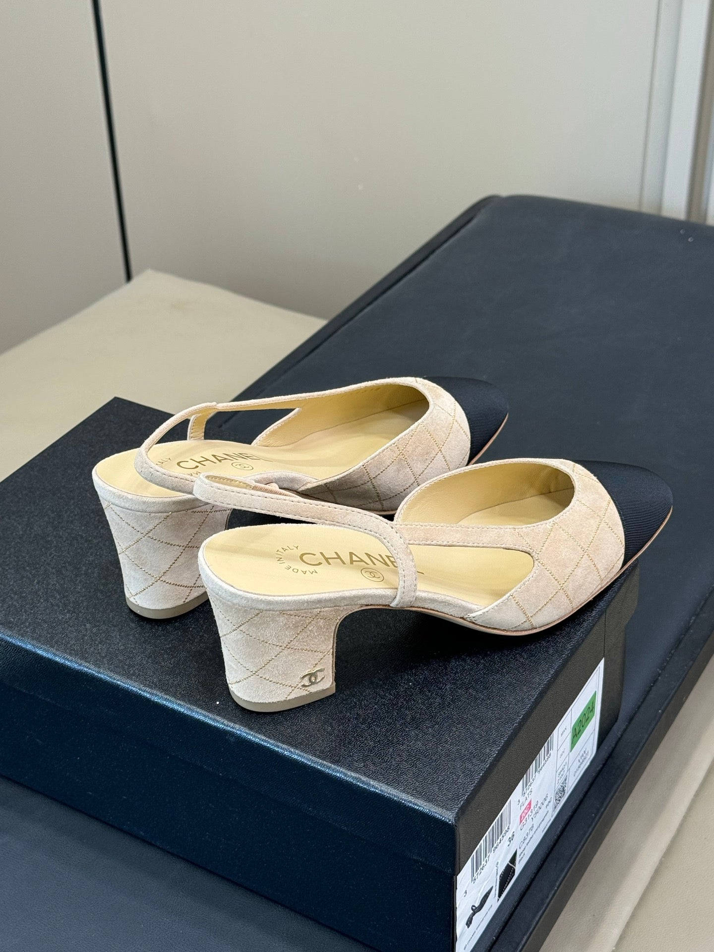 Chanel 25 Plaid Slingback Beige Black Suede Sheepskin 468363