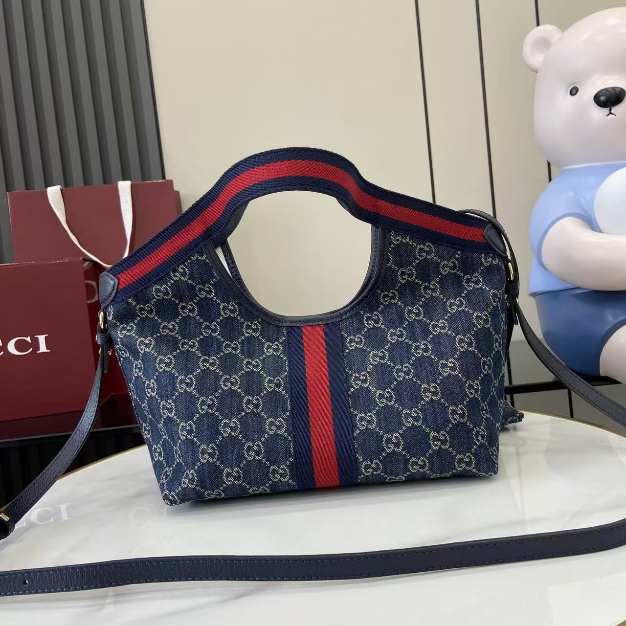 Gucci 25 Giglio 25cm Bag Blue Denim Leather 292387