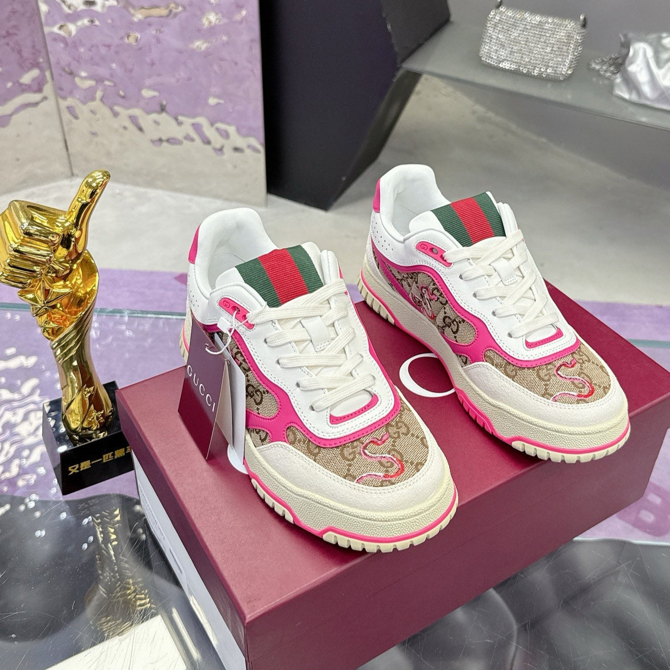 GG Men's 25 Snake Sneaker Brown Pink Cowhide 574716