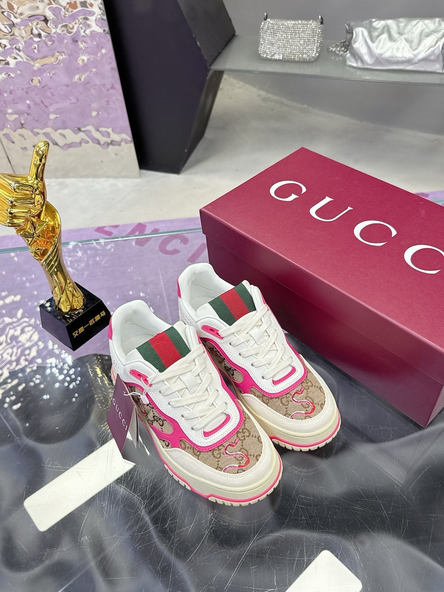 GG Men's 25 Snake Sneaker Brown Pink Cowhide 574716