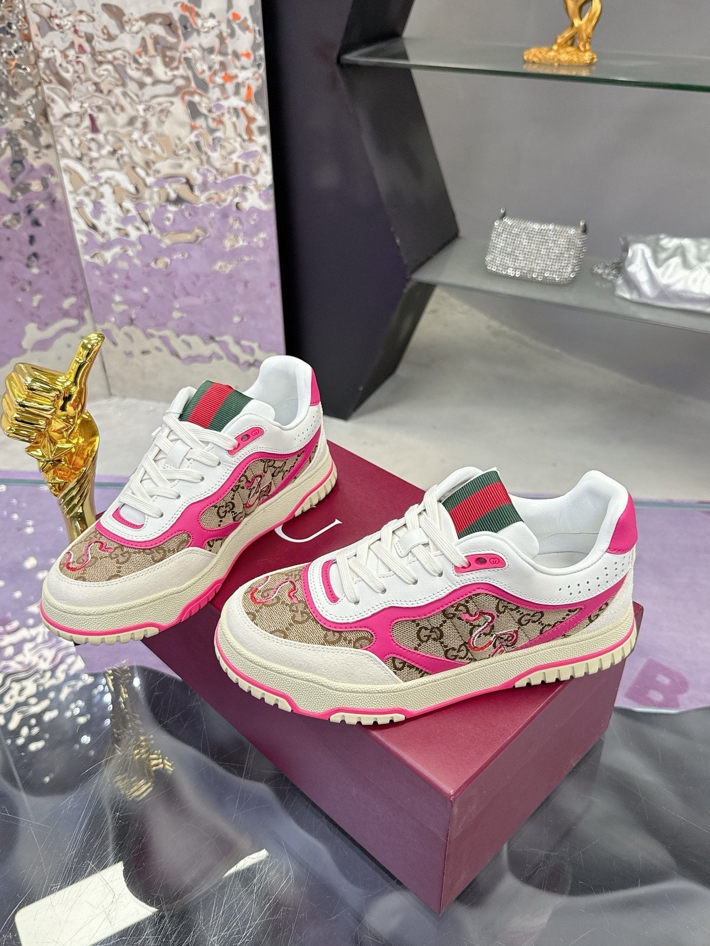 GG Men's 25 Snake Sneaker Brown Pink Cowhide 574716